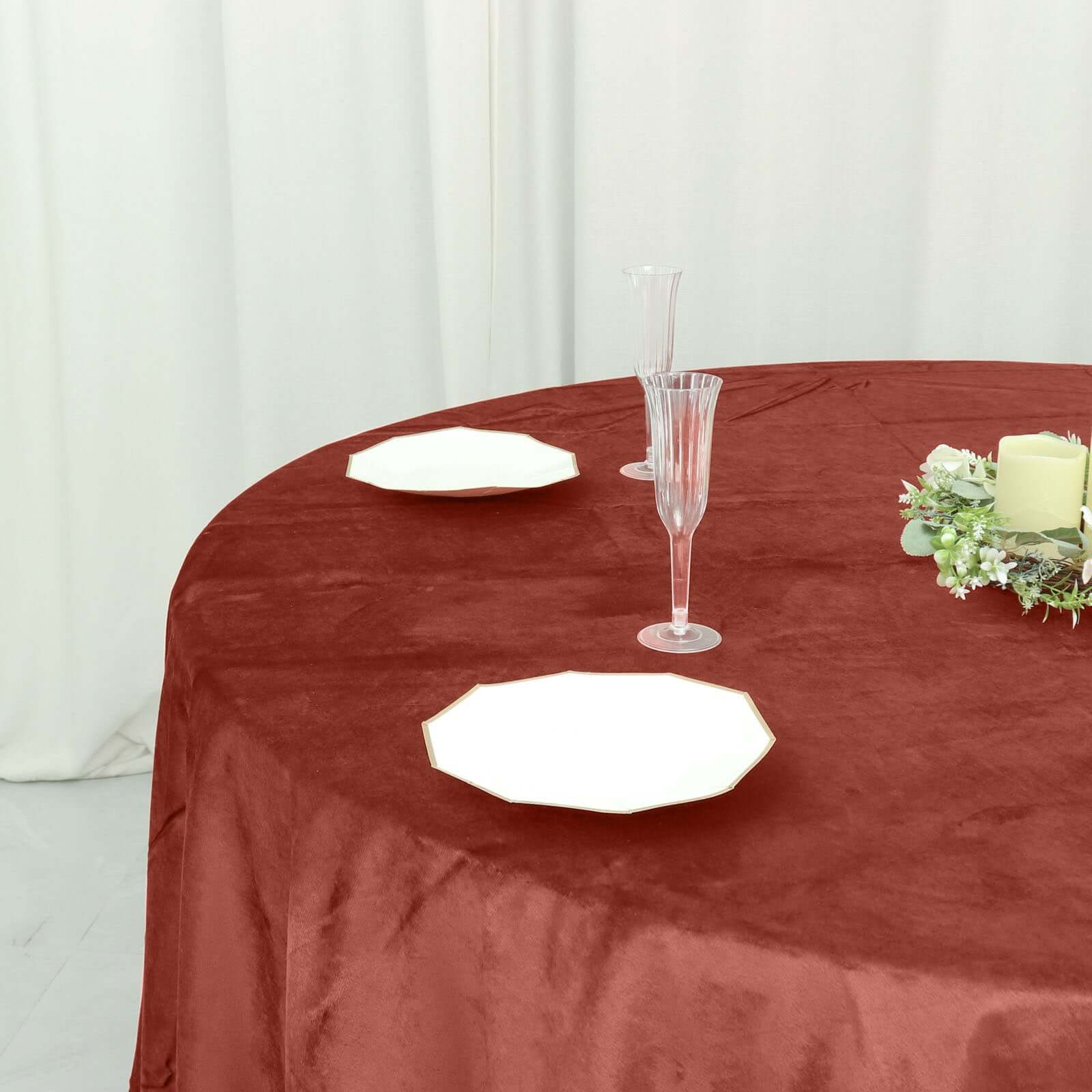 Premium Velvet 120" Round Tablecloth Terracotta (Rust) - Reusable Soft & Seamless Table Cover