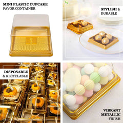 50 Pack Clear Gold Square Mini Plastic Cupcake Party Favor Boxes, Muffin Dessert Containers - 4"x4"x2.5"