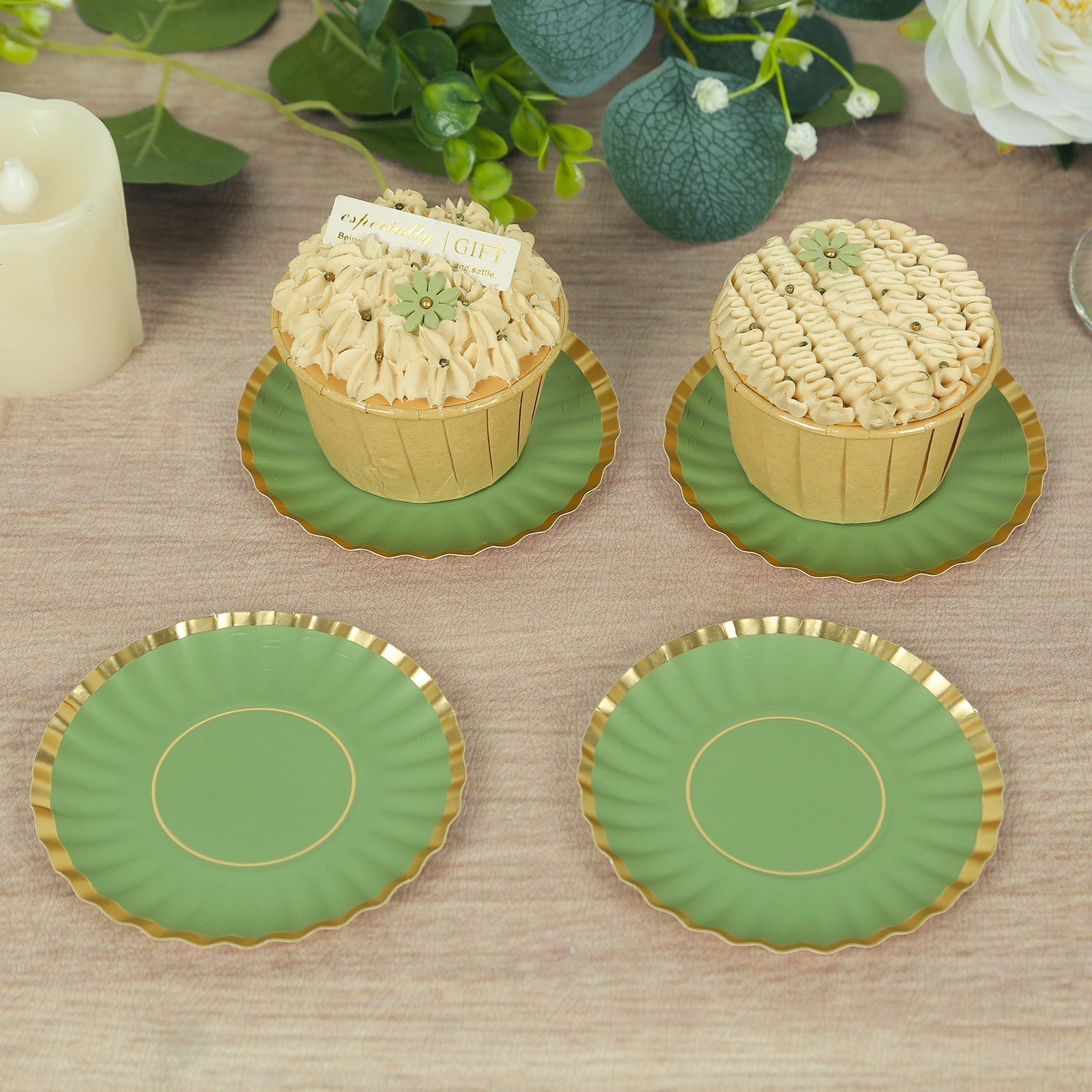 50-Pack Paper 3.5" Round Party Plates in Dusty Sage Green with Gold Scalloped Rim for Tapas, Appetizers & Finger Foods