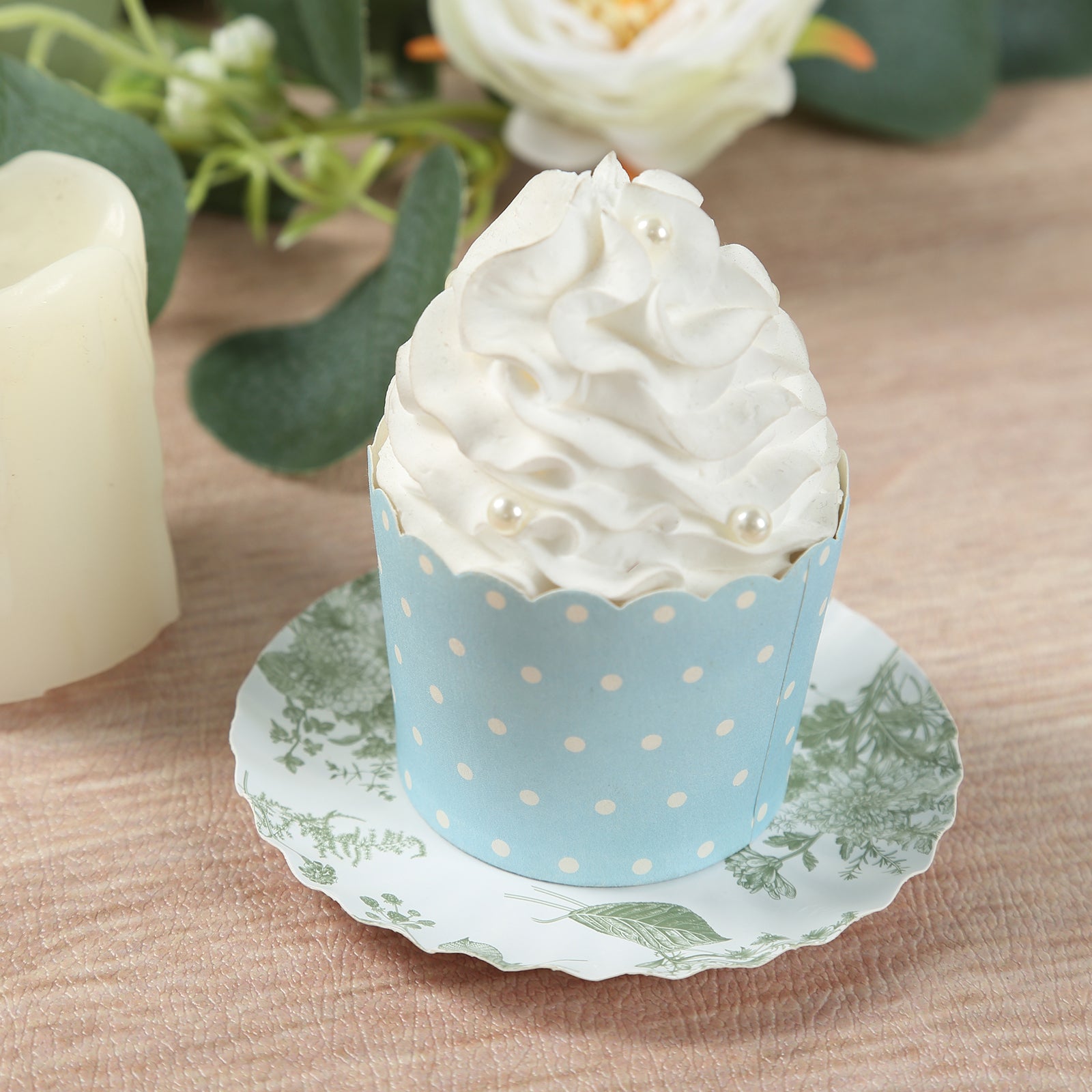 100-Pack Paper 3.5" Round Plates in White with Sage Green French Toile Design & Scalloped Rim - Disposable Mini 250GSM Dessert Party Plates for Tapas, Appetizers & Finger Foods