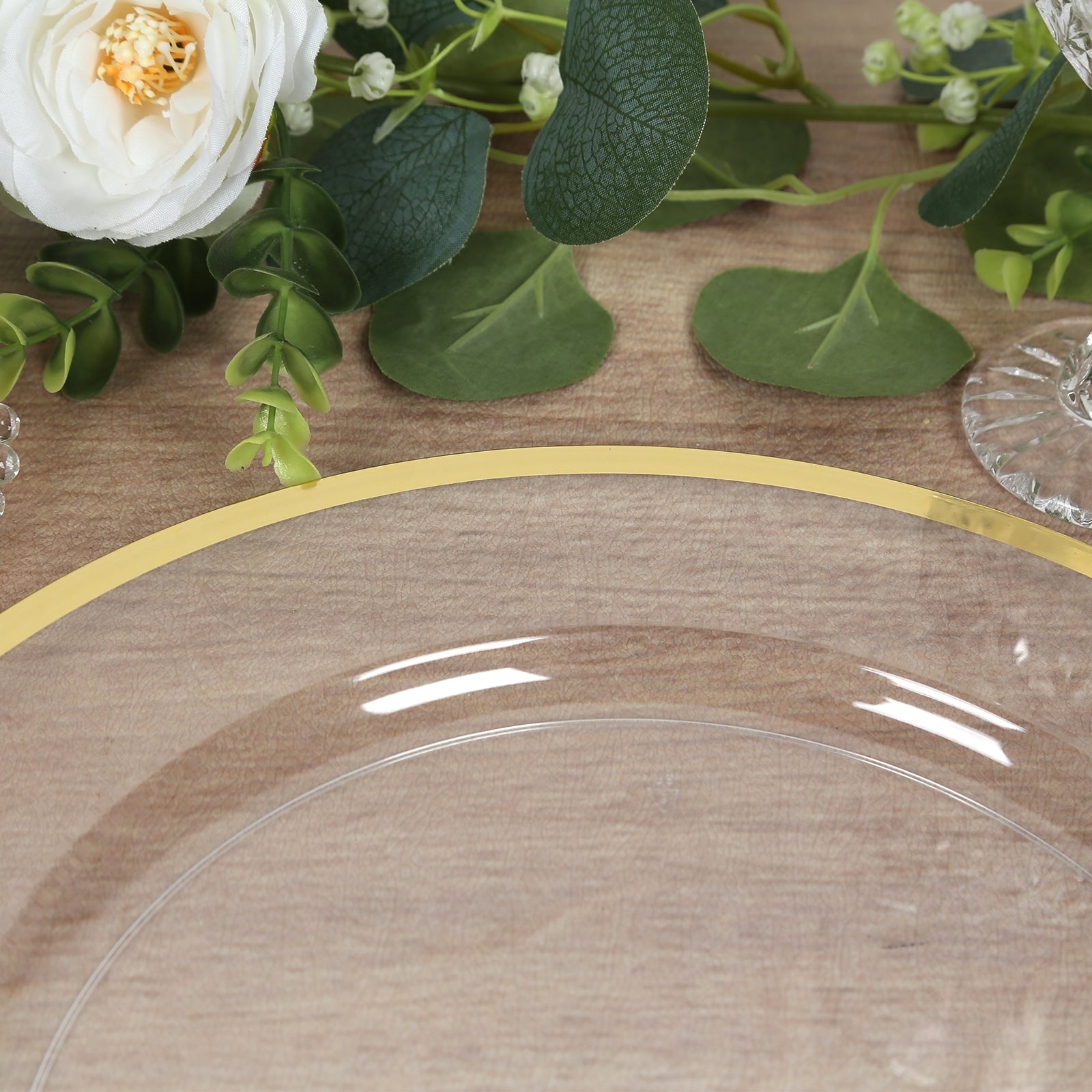 10-Pack Economy Plastic Round Charger Plates 12" in Clear with Wide Gold Rim, Decorative Dinner Party Serving Plates