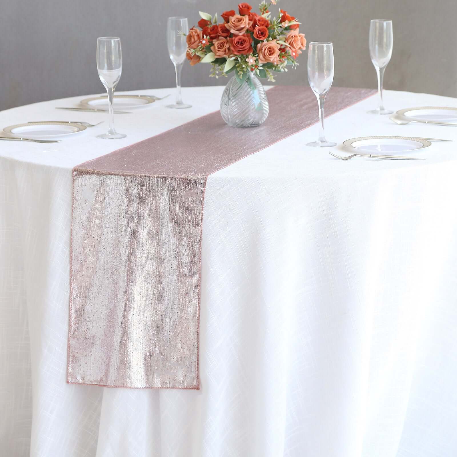 Polyester 12"x108" Table Runner Rose Gold Shimmer Sequin Dots - Wrinkle-Free Finish Table Linen