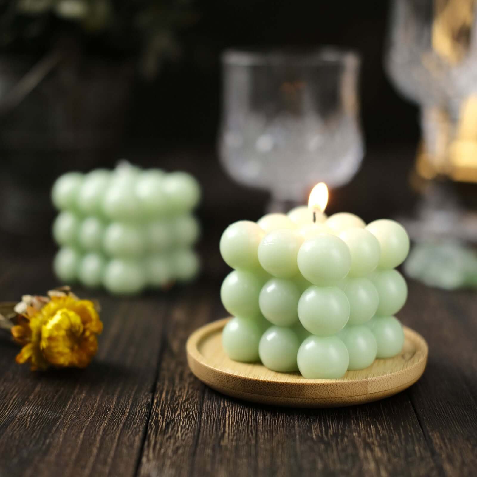 2-Pack Decorative Paraffin Wax Candles Bubble Cube Design Sage Green - Unscented Long Burning Pillar Candle Set 2"
