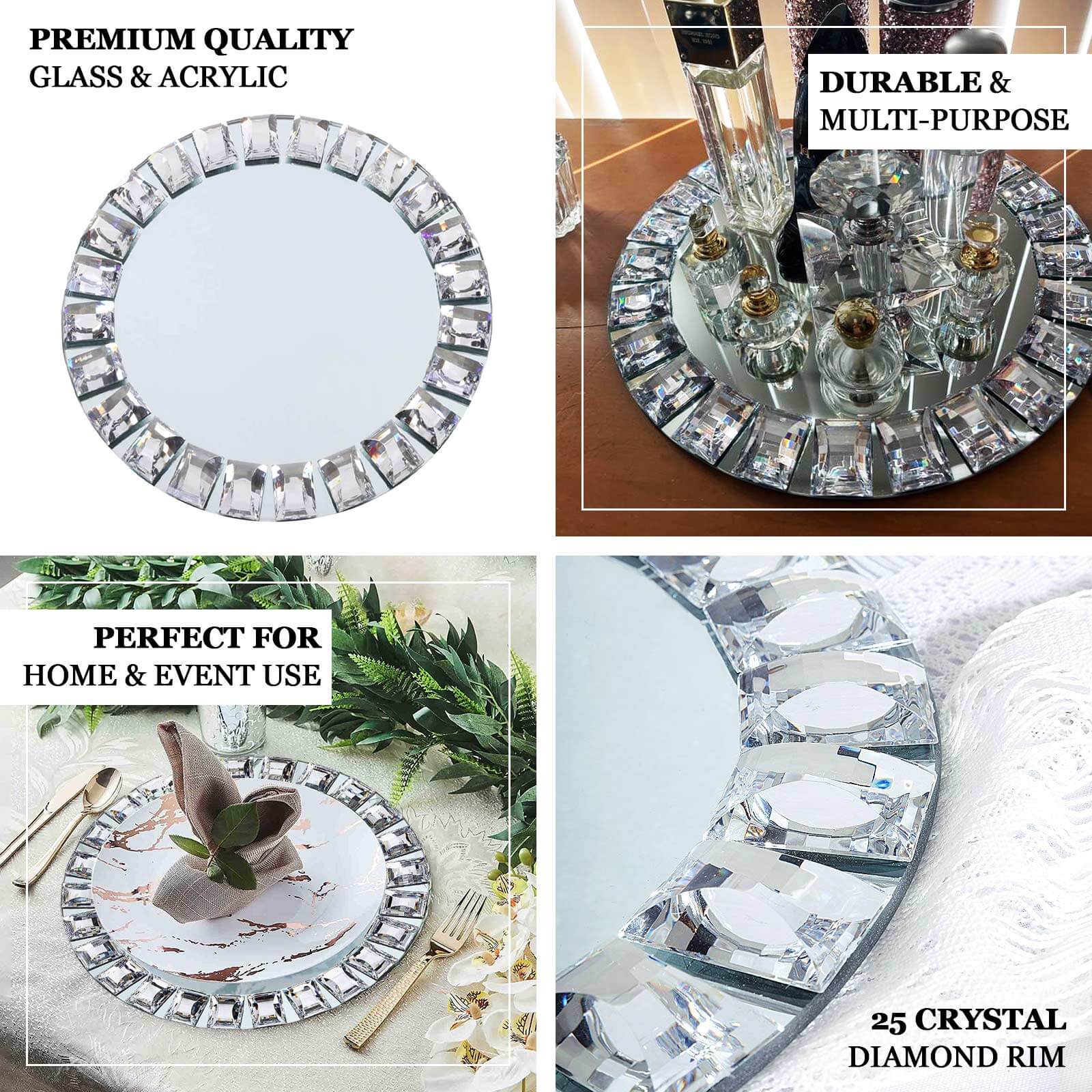2-Pack Glass Mirror Round Charger Plates 13" in Silver with Jeweled Rim - Premium Decorative Dinner Party Charger Tableware