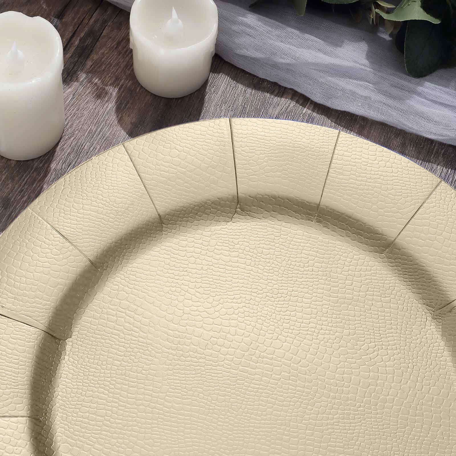 10-Pack Disposable Round Charger Plates in Champagne with Leathery Texture - Durable 1100GSM Cardboard Placemats 13"