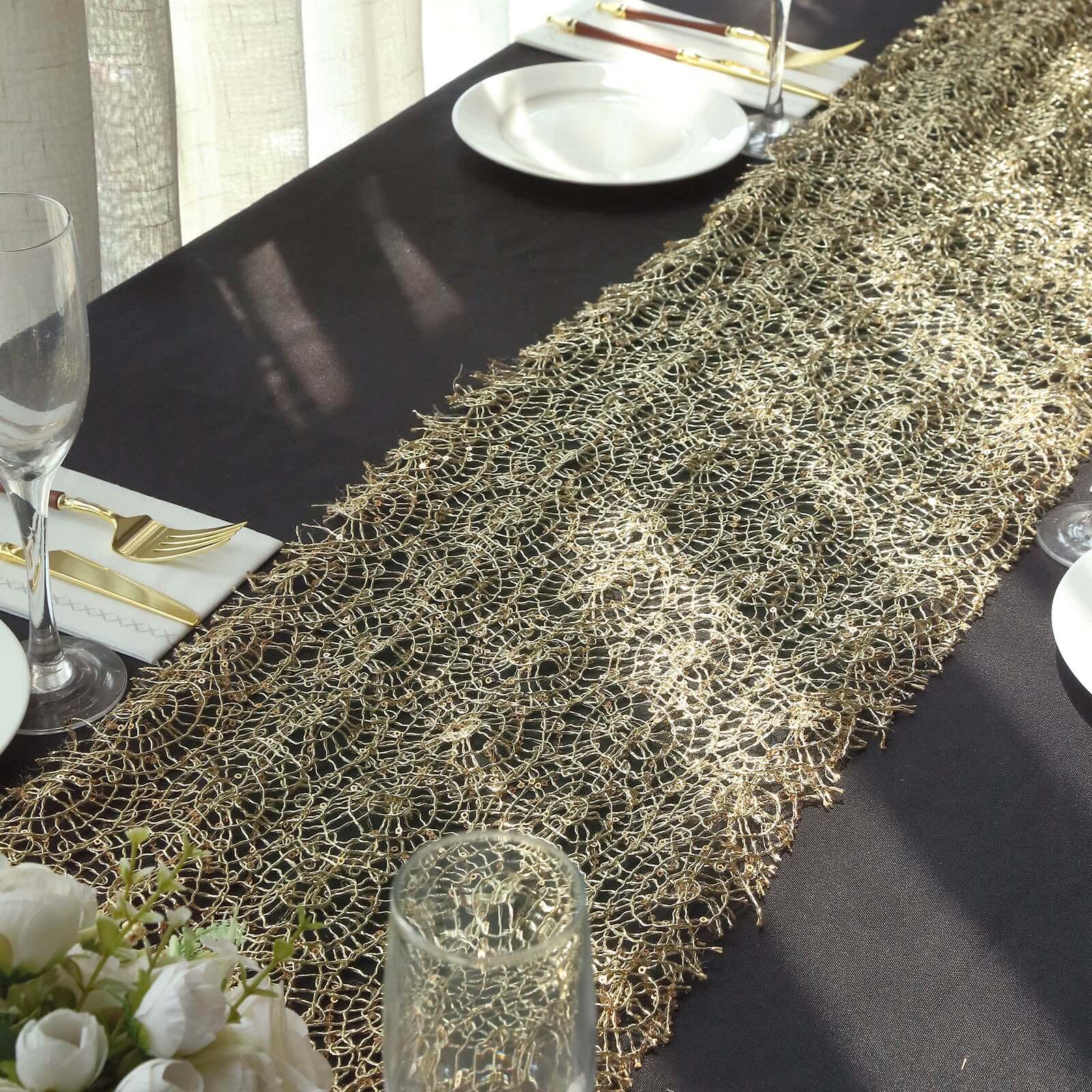 Mesh 12"x108" Table Runner Gold - Sequin Schiffli Lace Design for Stylish Celebrations