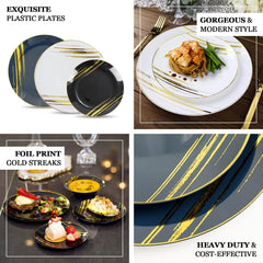 10-Pack Plastic 7" Round Dessert Plates in White with Gold Brush Stroked Print - Disposable Appetizer Salad Plates