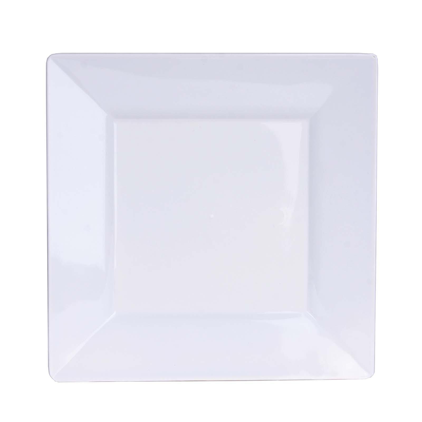 10-Pack Dessert Plates Square Design with Wide Rim Glossy White - Plastic Disposable Plates for Events 6"