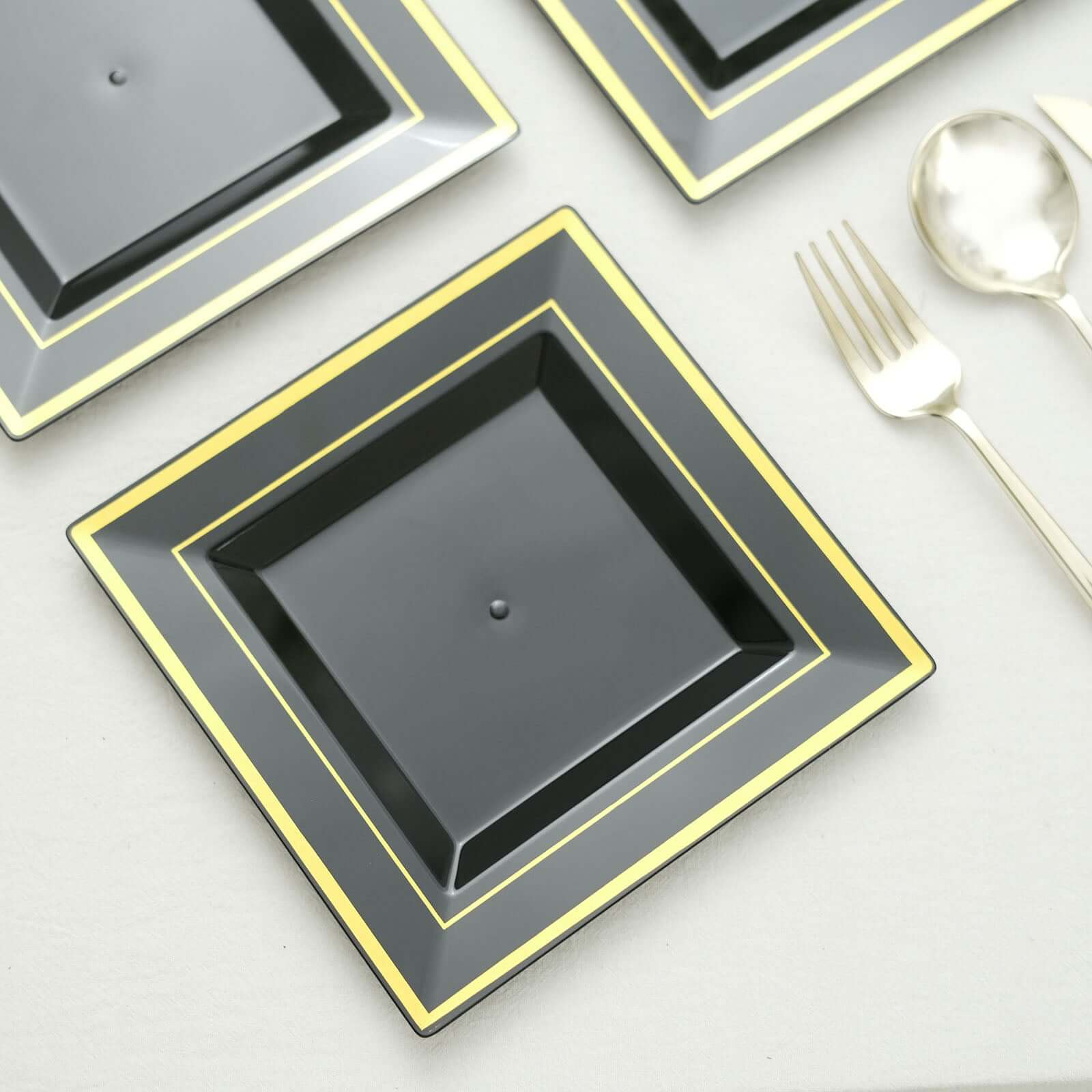 10-Pack Plastic Salad Dessert Plates Black Square with Gold Trim - Durable Disposable Appetizer Plates 7"