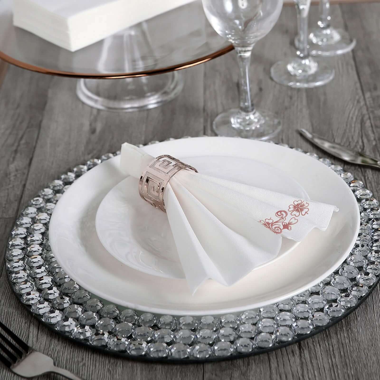 20 Pack White Linen-Feel Dinner Paper Napkins with Rose Gold Floral Print, Premium Cloth-Like Airlaid Disposable Napkins, Soft and Absorbent Guest Towels