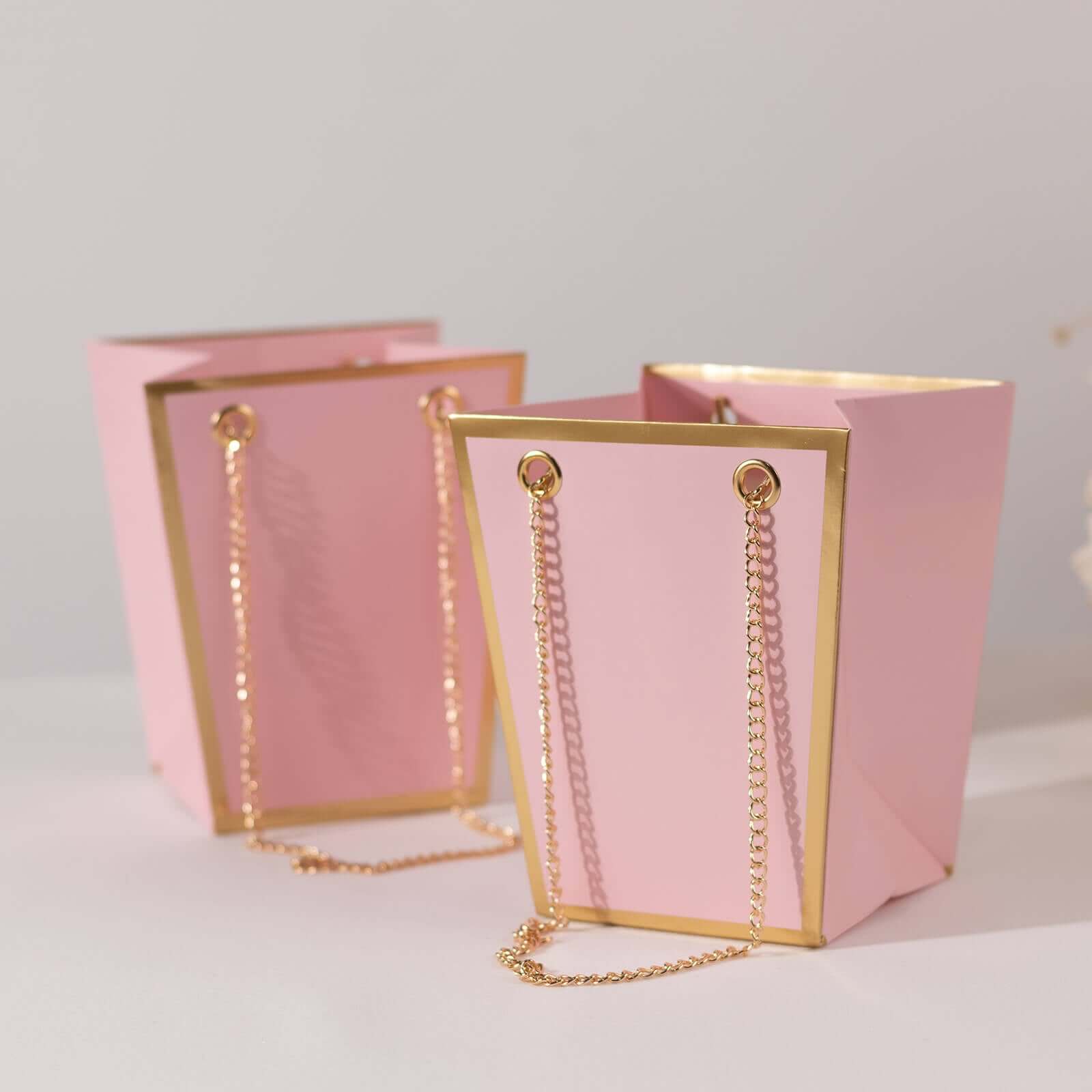 6 Pack Pink Gold Edge Paper Flower Gift Bags With Metal Chain Handles, Trapezoid Party Favor Tote Bags - 5"x6"
