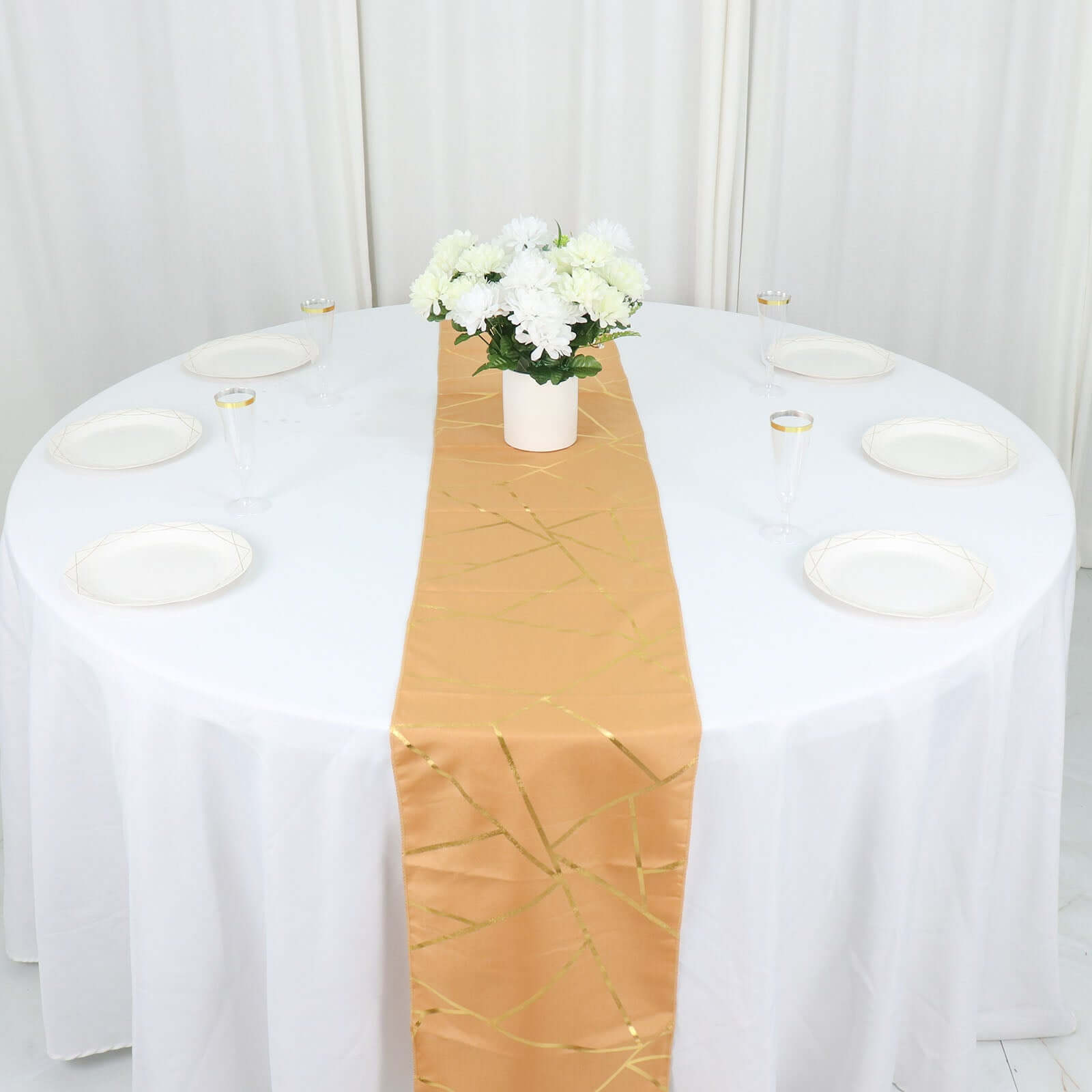 Polyester 9ft Table Runner Gold with Gold Foil Geometric Pattern - Modern & Stylish Table Decor