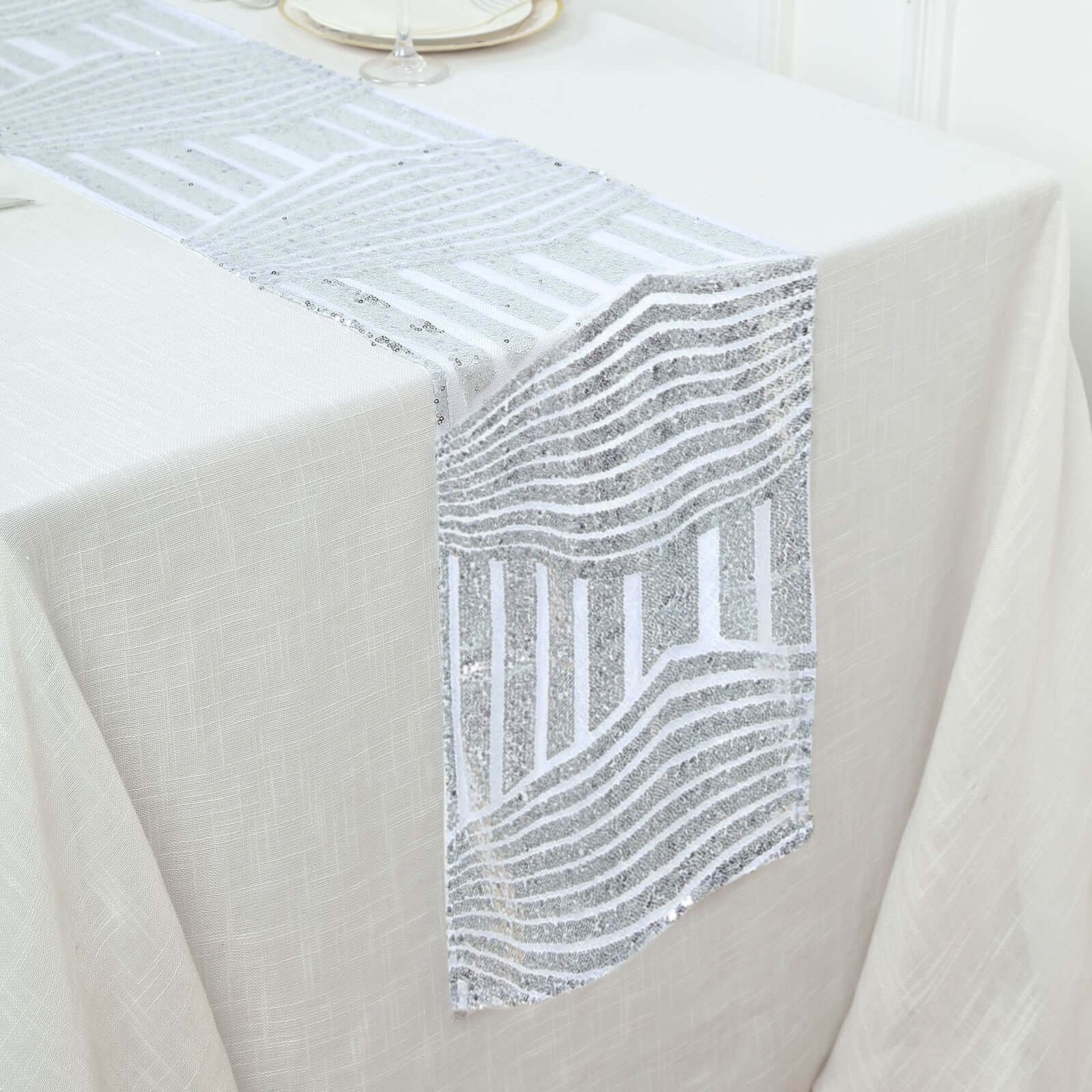 Sequin 12"x108" Table Runner Silver - Diamond Glitz Design