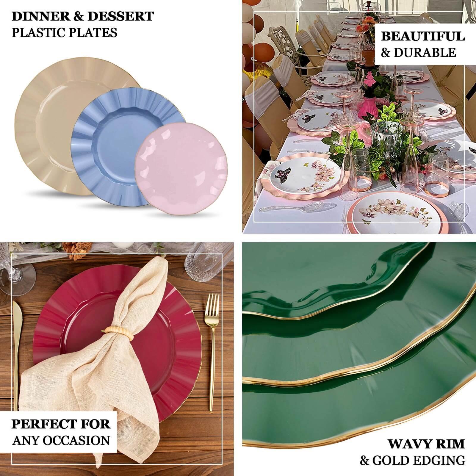 10-Pack Plastic Round 6" Dessert Plates in Dusty Rose Ruffled Rim with Gold Edging - Sturdy Disposable Salad Appetizer Dinnerware