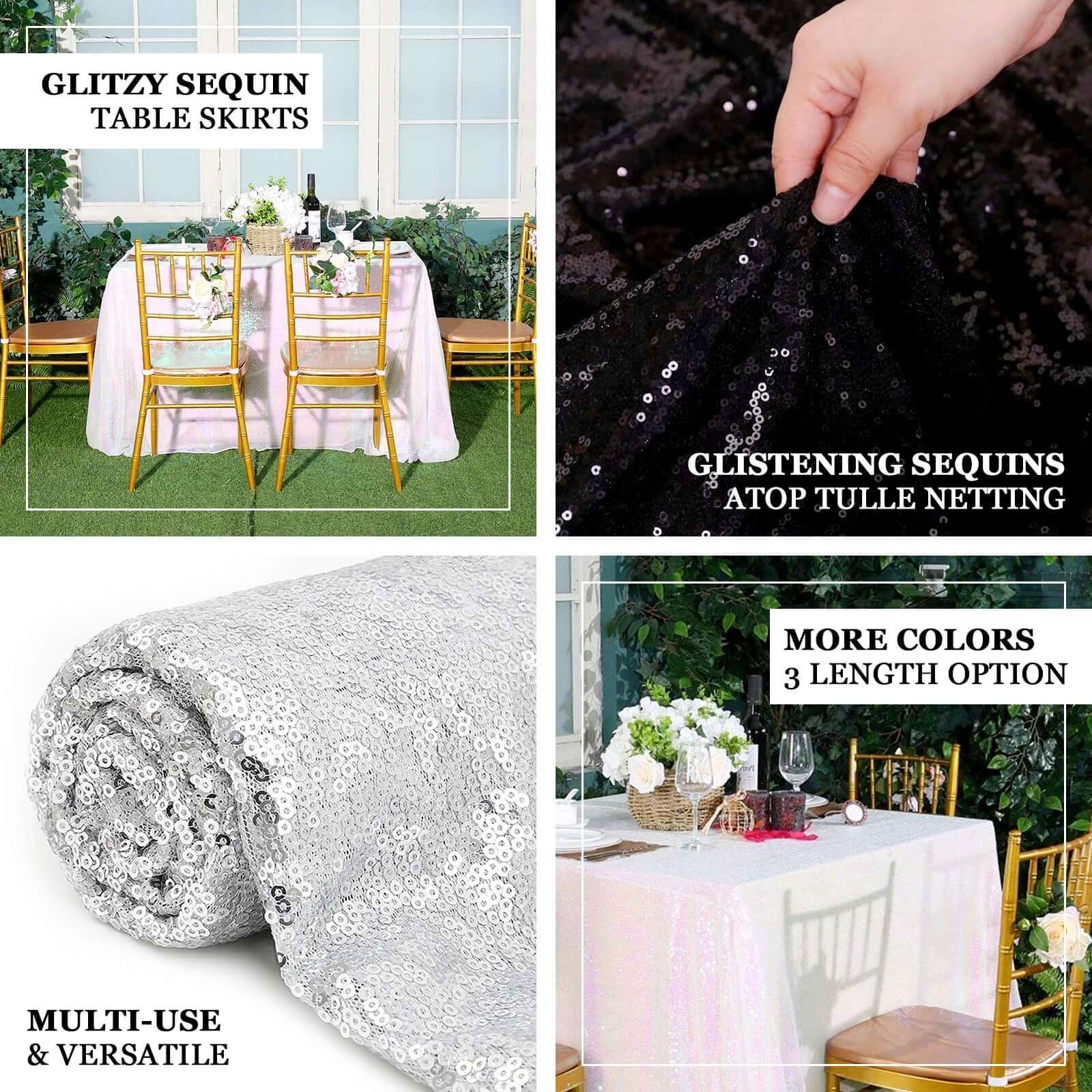 Sequin 21ft Table Skirt White Iridescent - Glitzy Design for Upscale Occasions