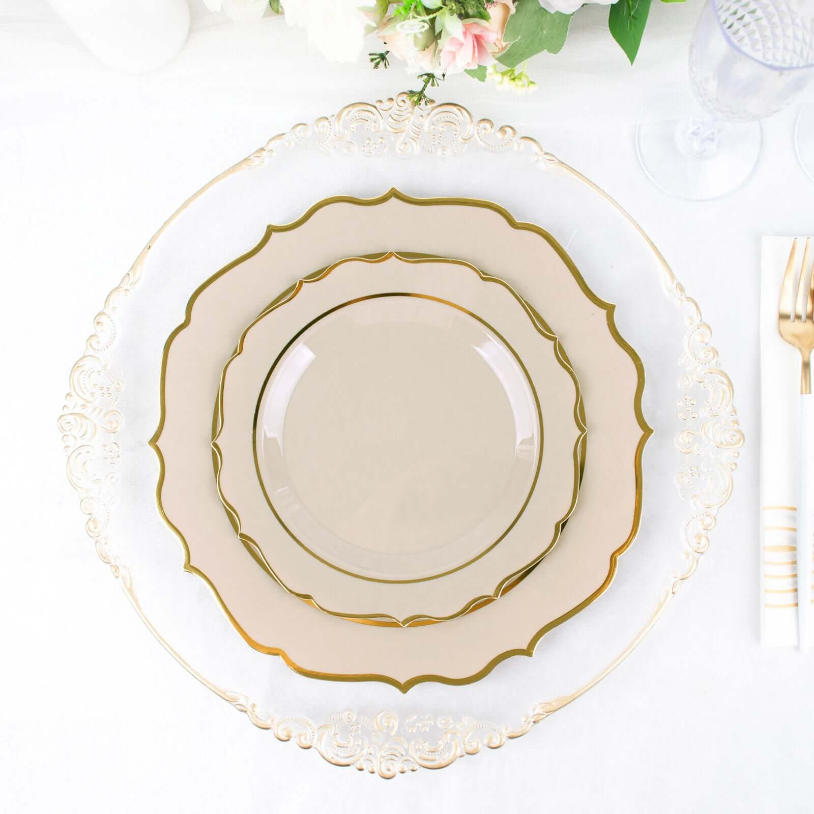10-Pack Plastic 8" Round Dessert Plates in Taupe with Gold Scalloped Rim - Disposable Appetizer/Salad Plates