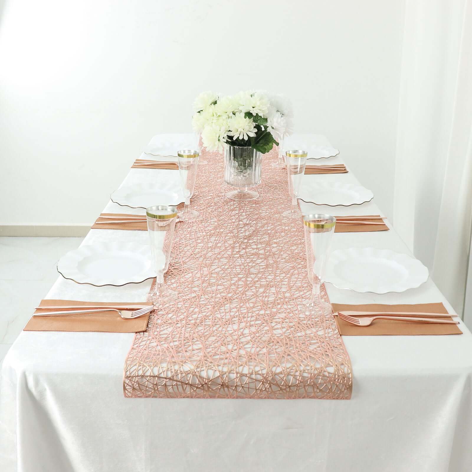Plastic Woven Vinyl 13"x6ft Table Runner Metallic Rose Gold - Non-Slip & Reversible Tabletop Decor