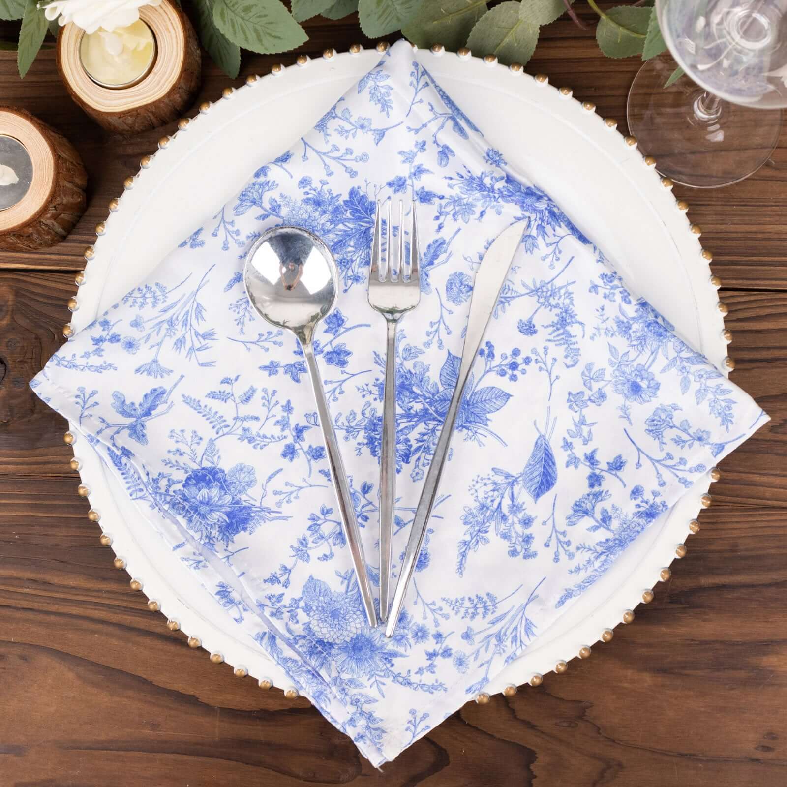 5 Pack Satin 20"x20" Napkins White/Blue French Toile Pattern - Classy & Easy to Maintain Cloth Napkins for Weddings & Events