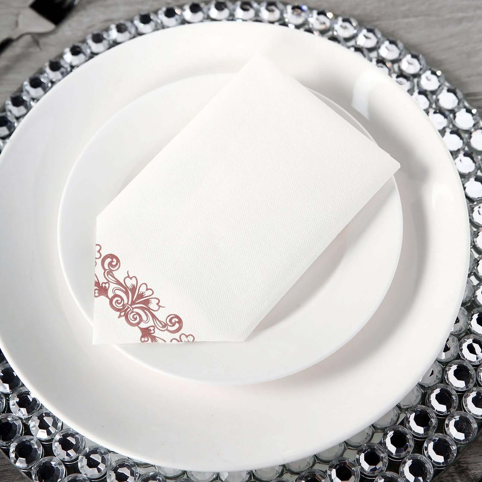 20 Pack White Linen-Feel Dinner Paper Napkins with Rose Gold Floral Print, Premium Cloth-Like Airlaid Disposable Napkins, Soft and Absorbent Guest Towels