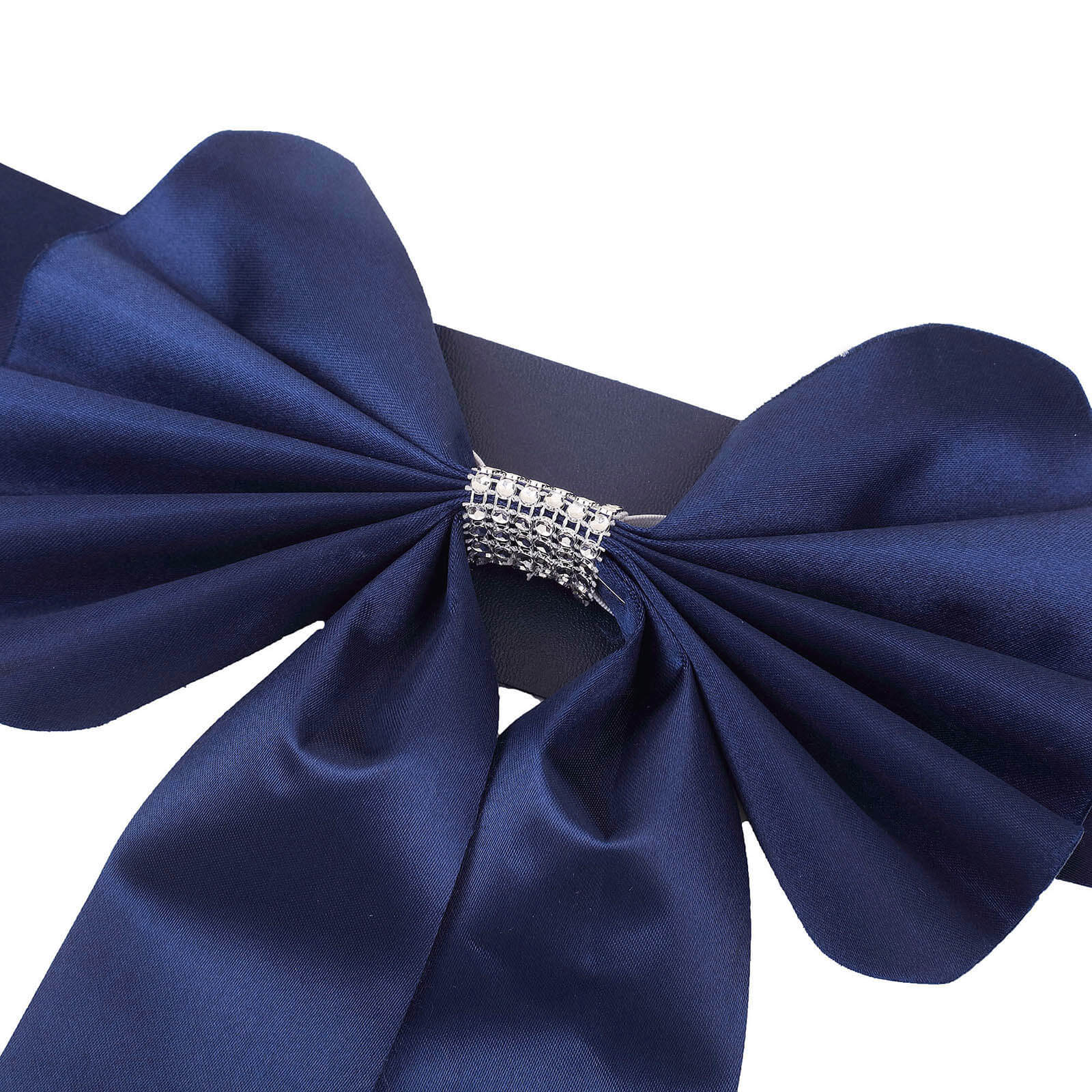 5 Pack Satin Faux Leather Chair Sashes Navy Blue - Durable Double Sided Pre-tied Bow Tie Chair Bands with Diamond Rhinestone Buckles