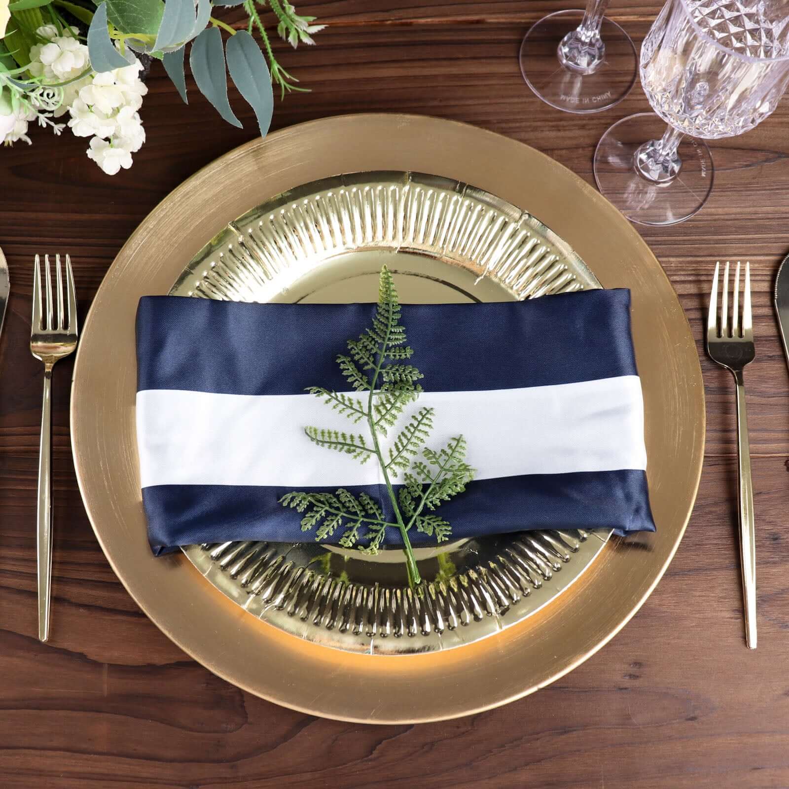 5 Pack Satin 20"x20" Napkins Navy Blue/White - Striped Reusable Dinner Napkins