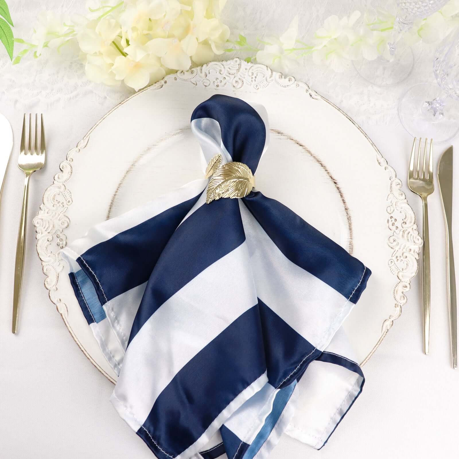 5 Pack Satin 20"x20" Napkins Navy Blue/White - Striped Reusable Dinner Napkins