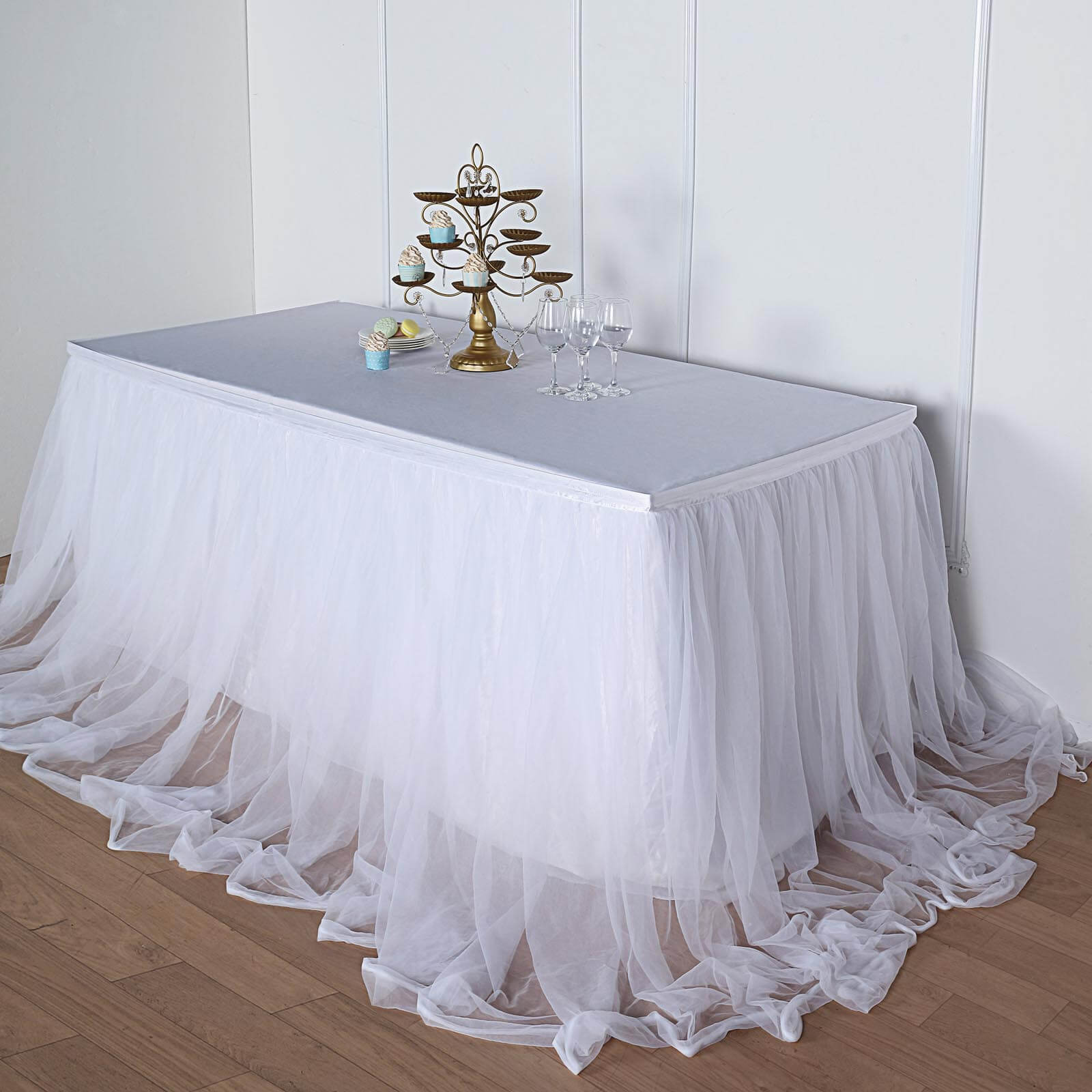 Extra Long Tulle 14ft Table Skirt White with Satin Edge - Table Cover for Baby Showers & Events
