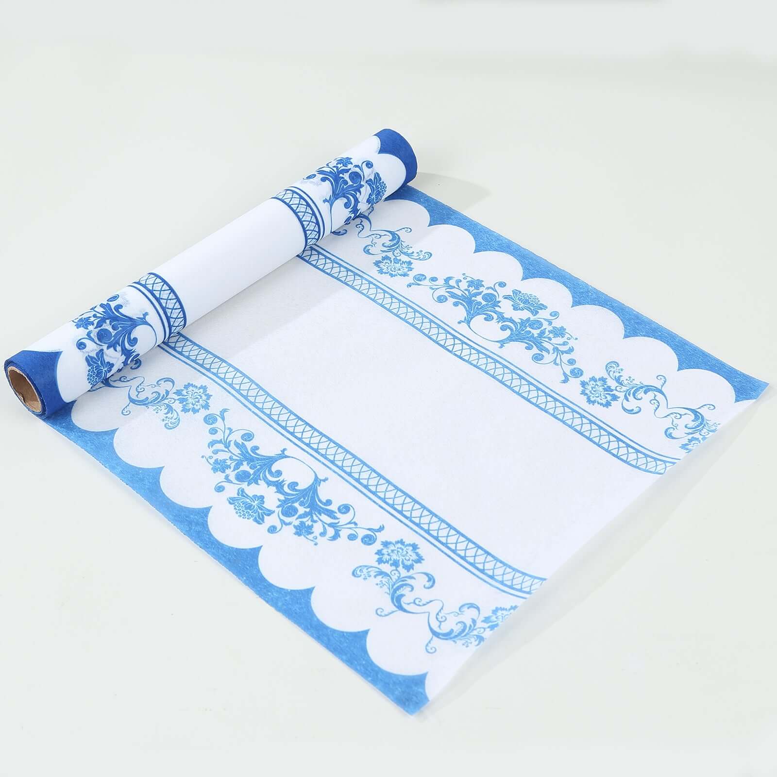 5 Pack Disposable Table Runners 11"x108" White with Blue Ornate Floral Prints - Non-woven Stylish Kitchen Dining Table Decor