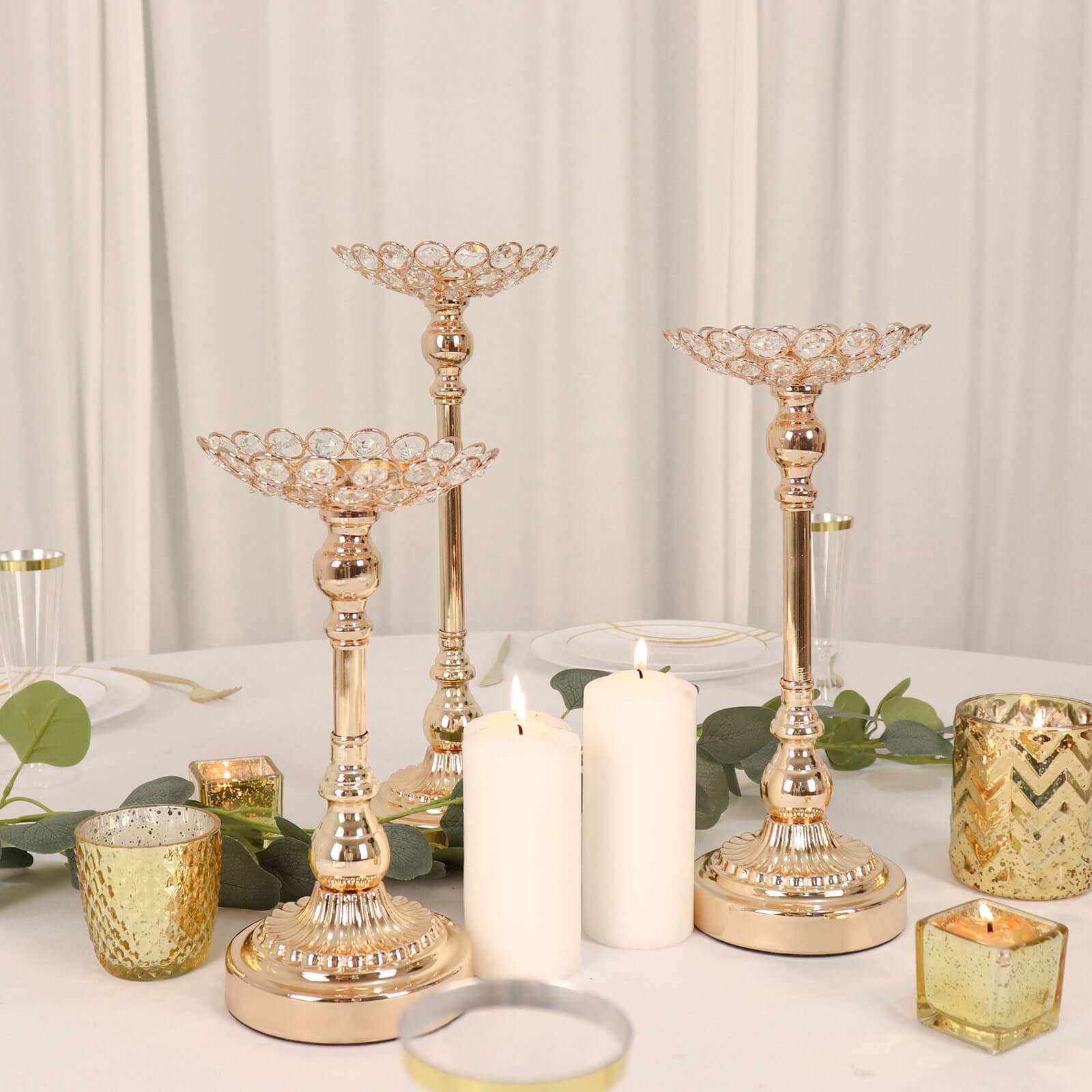 Set of 3 Metal Votive Candle Holders Crystal Beaded Design Gold - Tea Light Centerpieces 11", 13", 15"