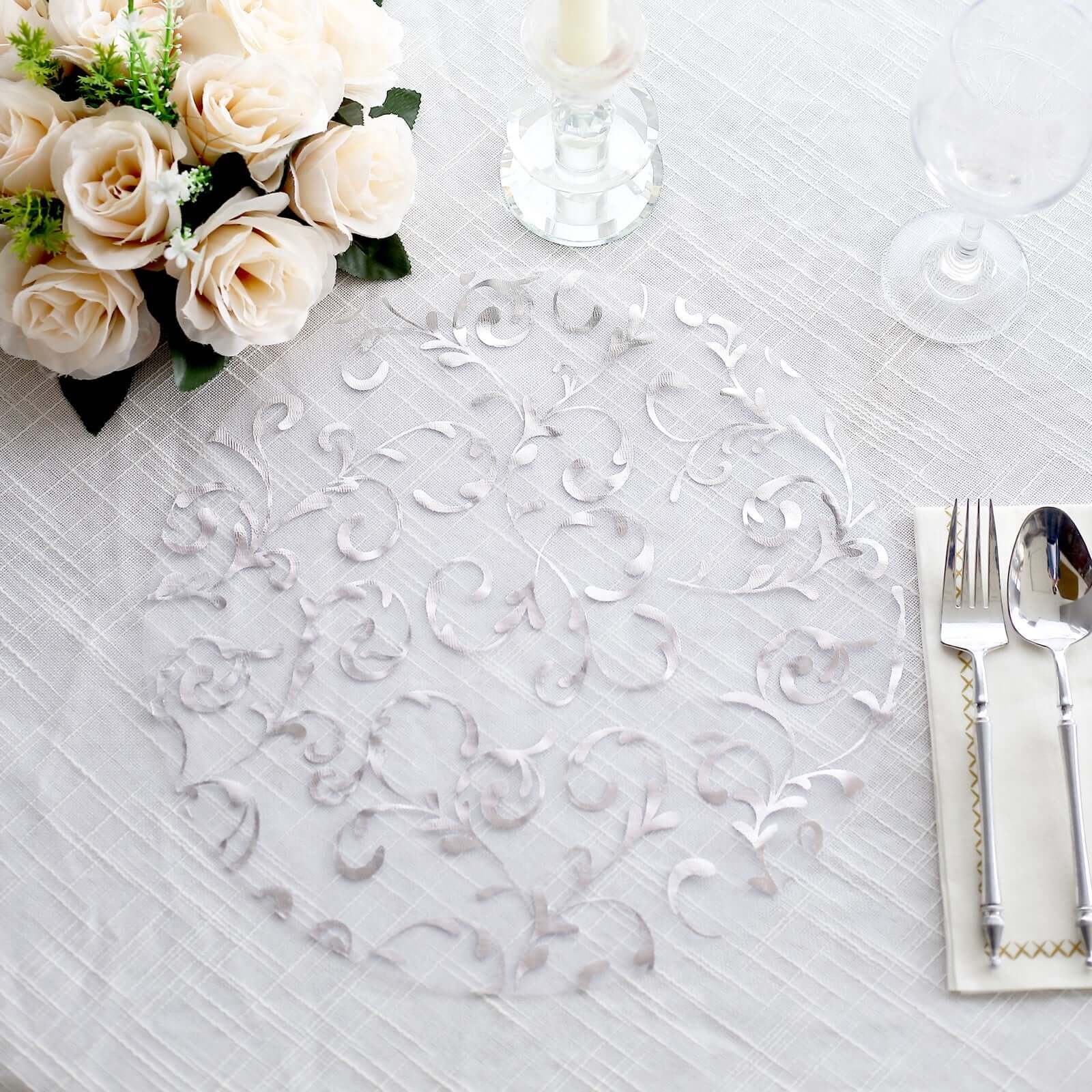 10-Pack Table Placemats Embossed Foil Flower Design Metallic Silver Round - Sheer Organza Disposable Mats 13"