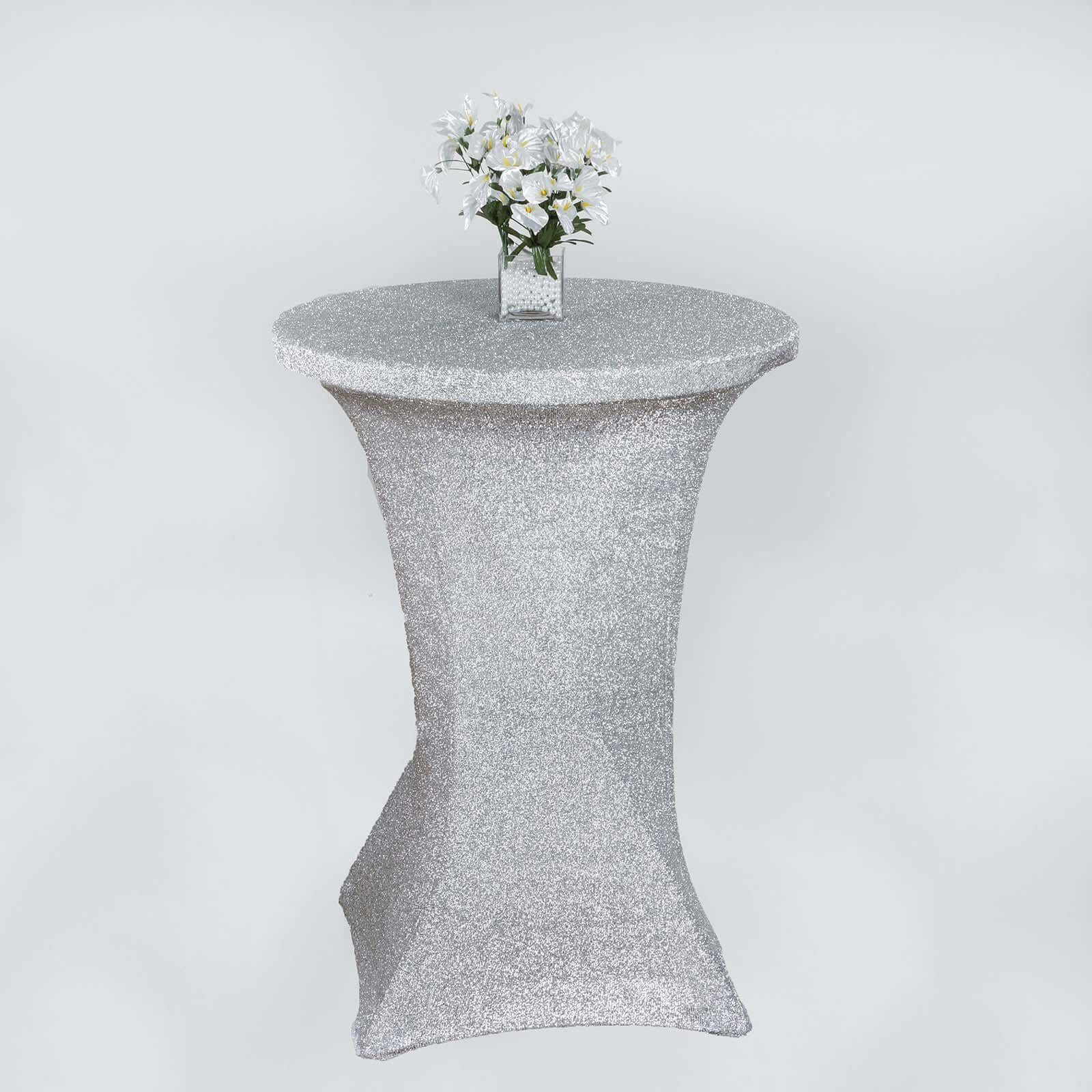 Metallic Spandex 36" Fitted Glitter Round Cocktail Table Cover Silver - Stretch Fit for High Top Tables