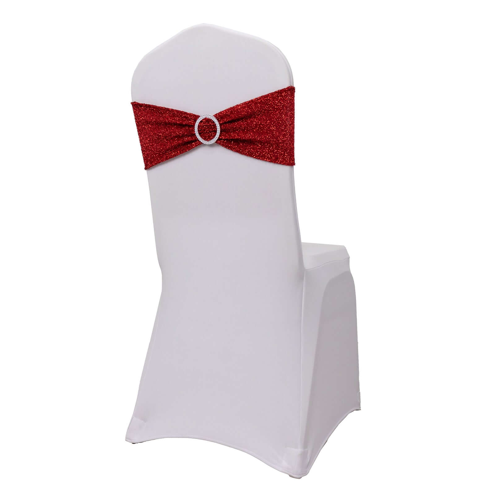 5 Pack Chair Sashes Shimmer Tinsel Spandex 5"x12" with Silver Rhinestone Buckles Red - Stylish Chair Bands