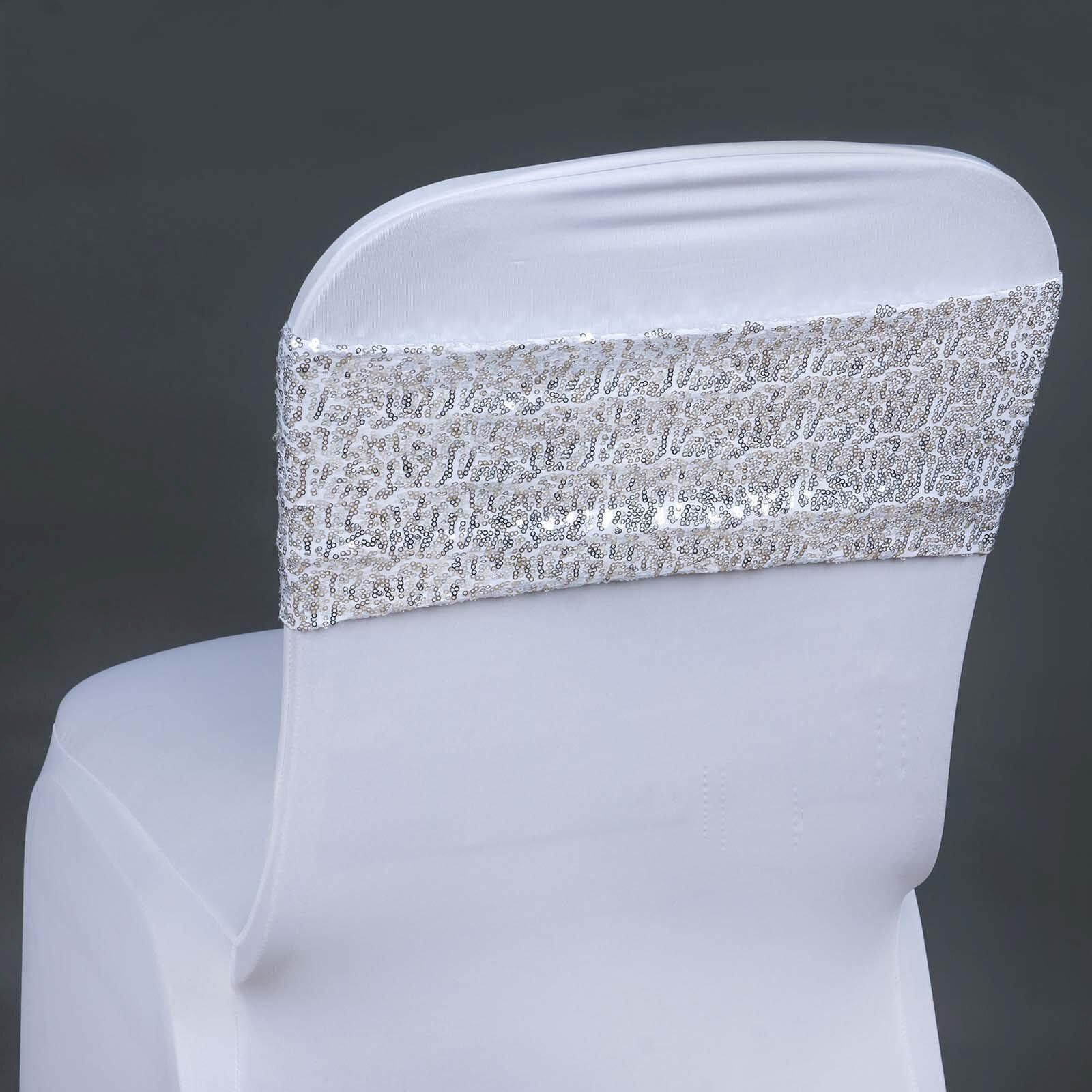 5 Pack Sequin Spandex Chair Sashes Silver - Stretch Chair Bands 6"x15"