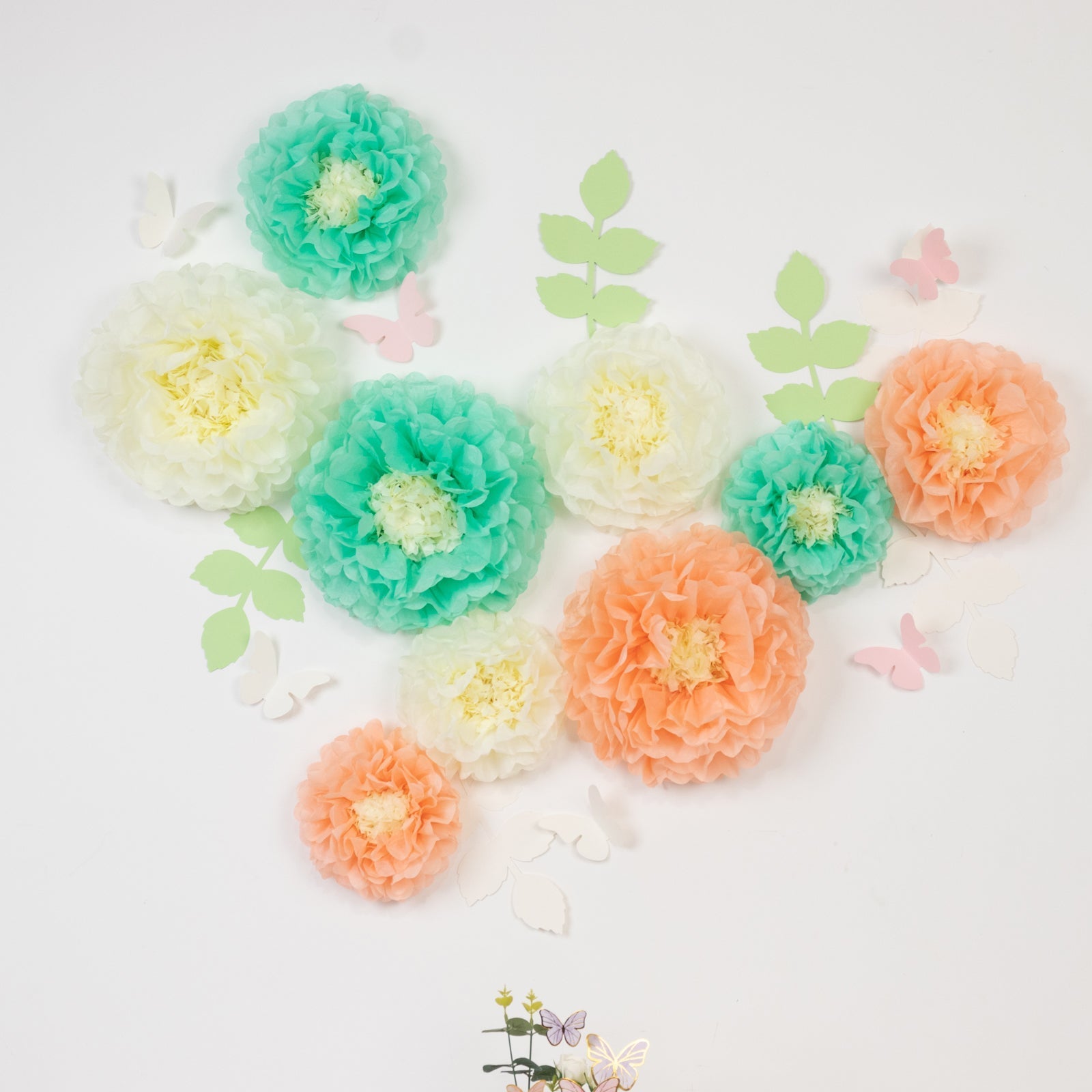 Set of 21 Tissue Paper Flowers Pom Poms Decor Kit – Cream Peach 3D Chrysanth Floral Wall Decor with Butterflies & Olive Leaves - 8",10",12"