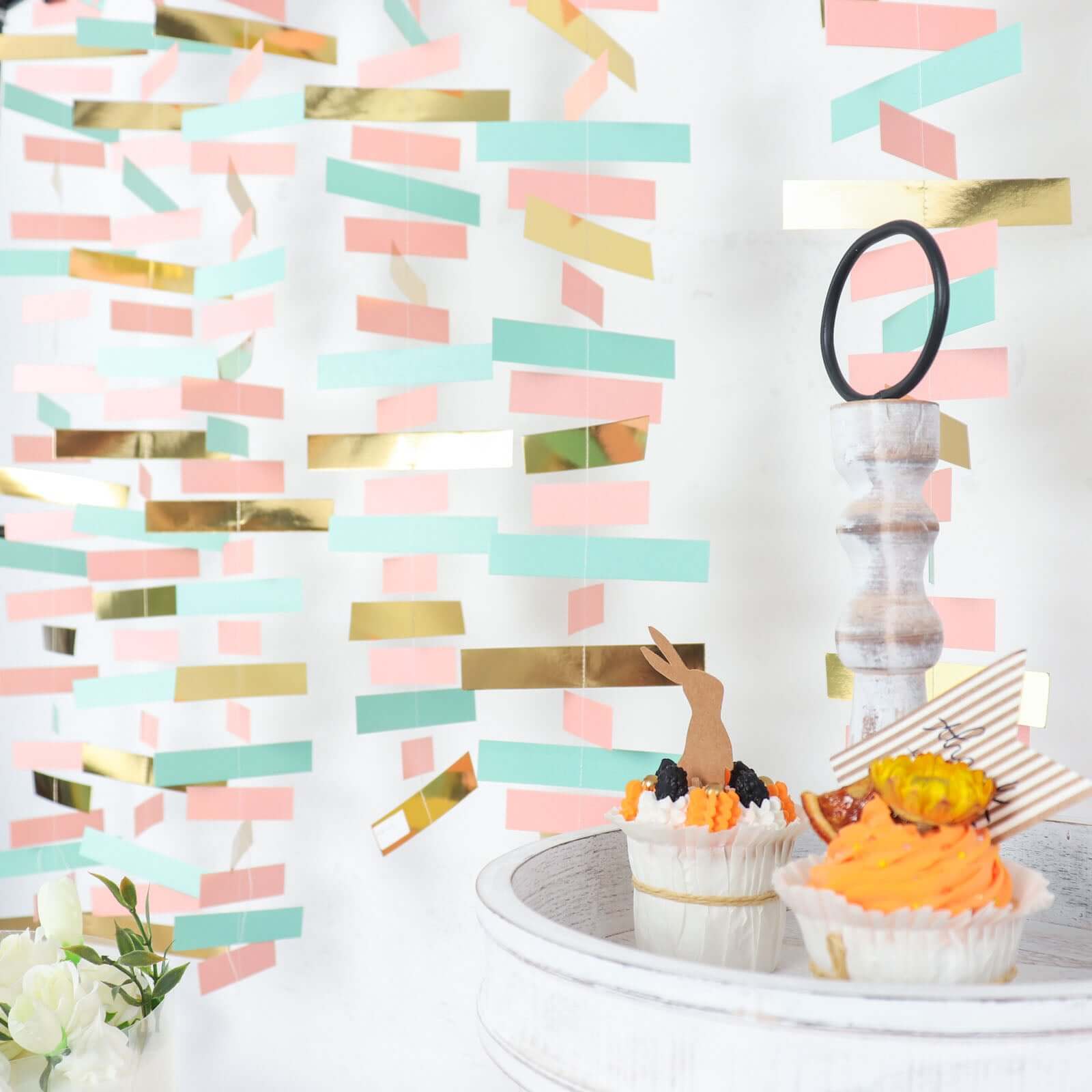Gold, Blush and Turquoise Confetti-Like Paper Party Garland Streamer, Hanging Backdrop Decoration - 6.5ft