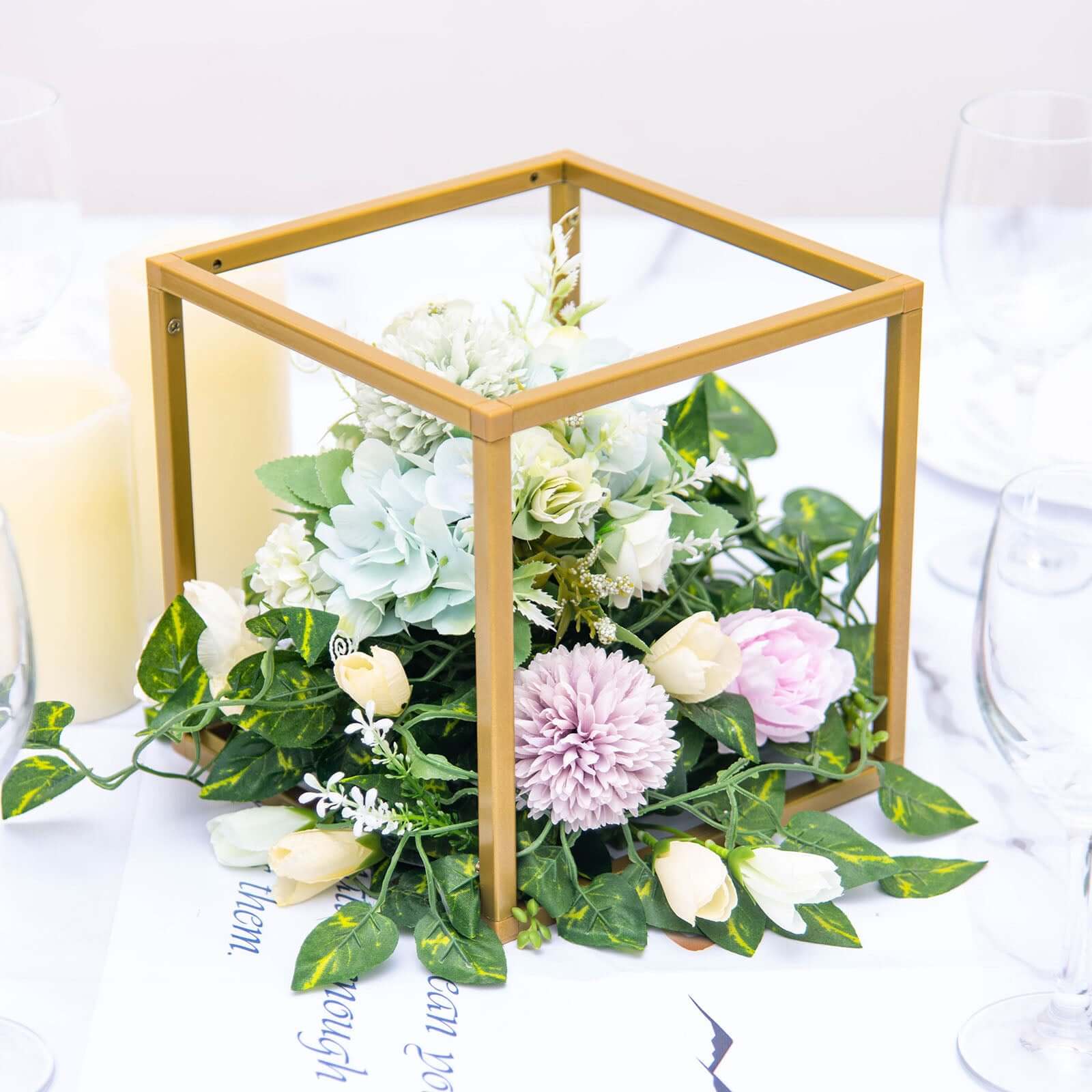 2-Pack Metal Flower Stands Gold Geometric Wedding Centerpieces Square Frame - Compact Design 8"