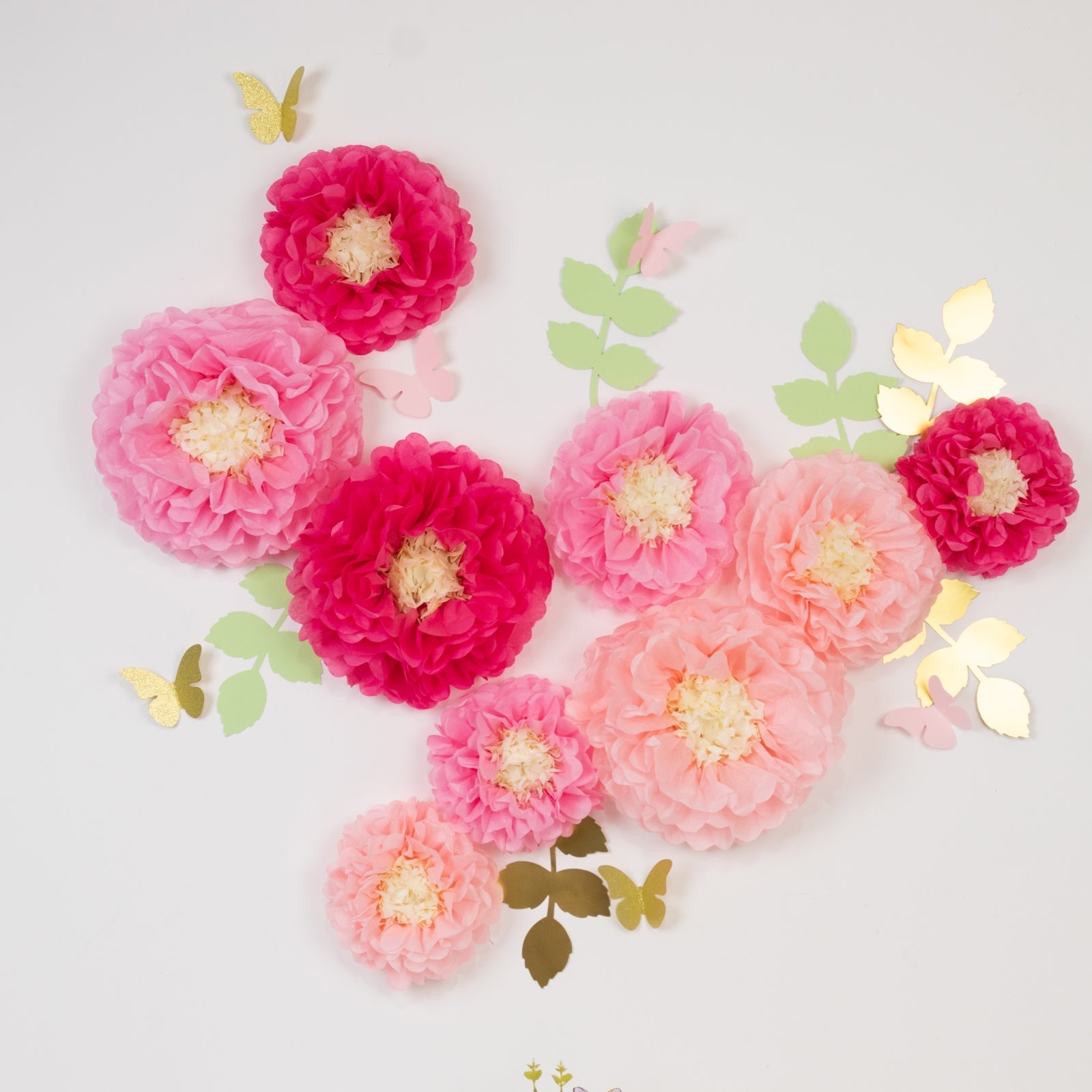 Set of 21 Tissue Paper Flowers Pom Poms Decor Kit – Blush Pink 3D Chrysanth Floral Wall Decor with Butterflies & Olive Leaves - 8",10",12"