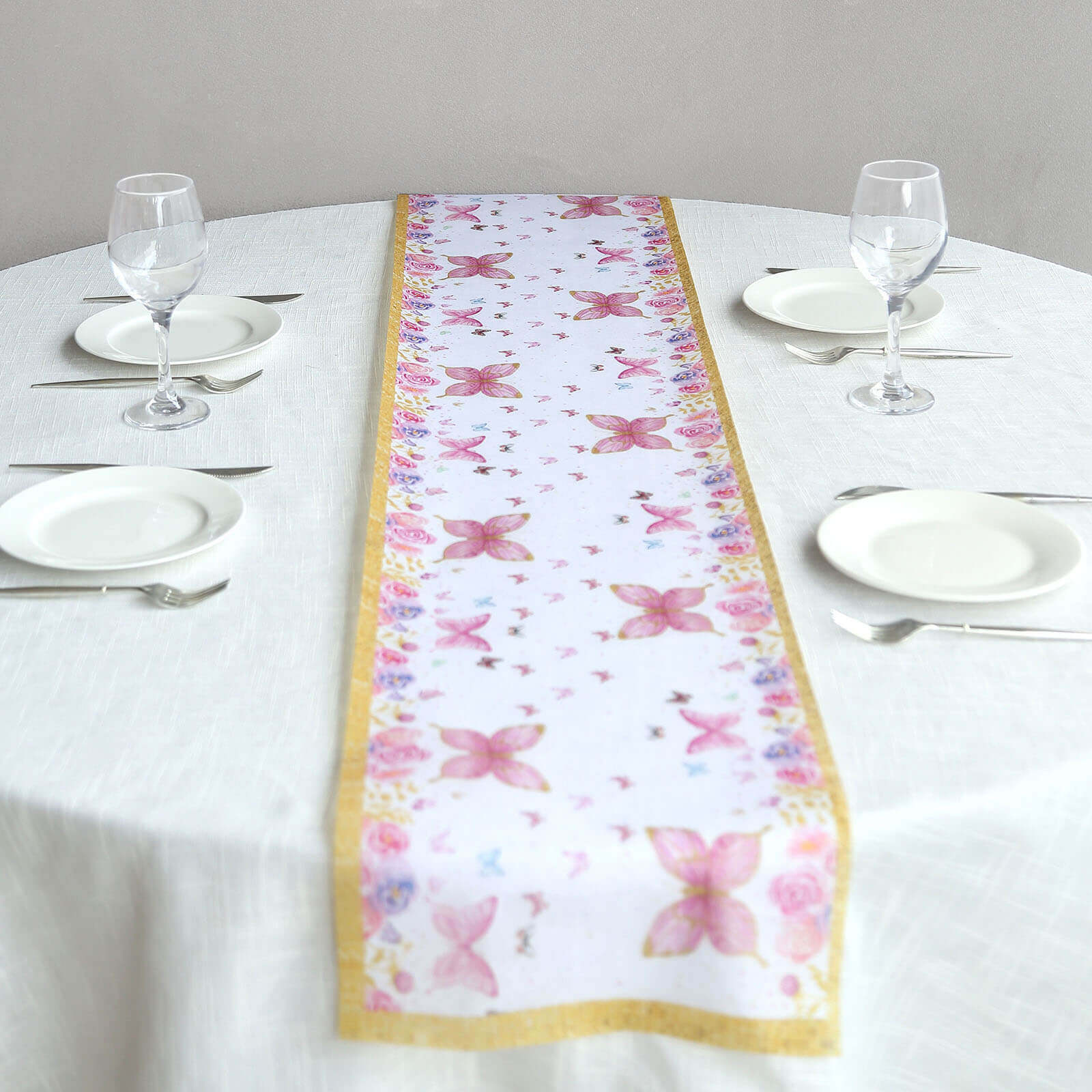 5 Pack Disposable Table Runners 11"x108" White with Pink Butterflies - Non-woven Stylish Spring Summer Dining Decor