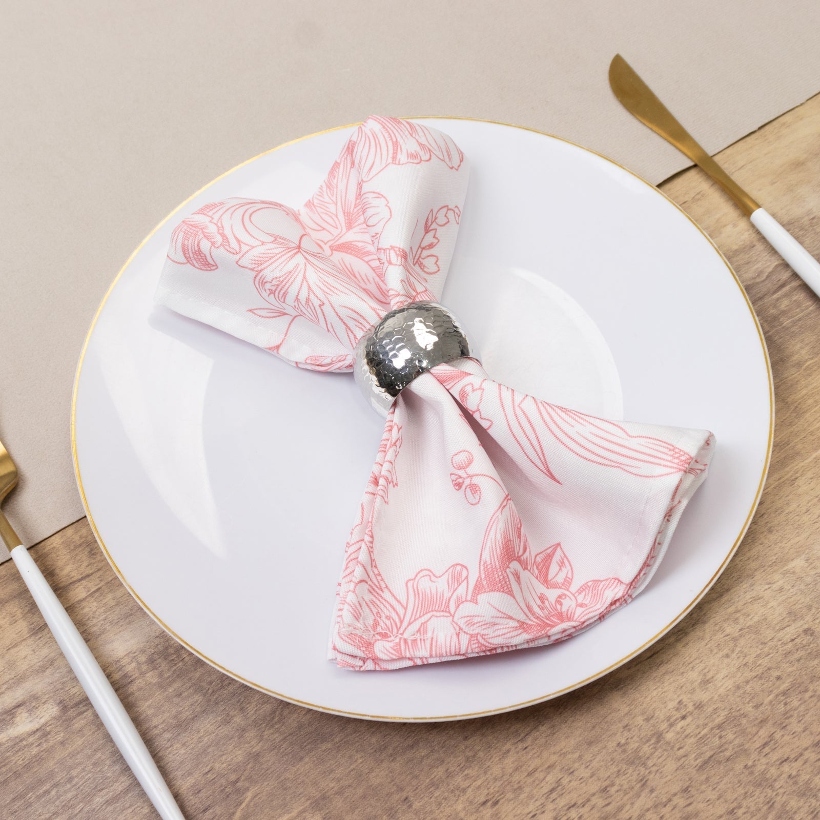 5-Pack French Toile Polyester Cloth Napkins – 17"x17" Pink and White Reusable Table Napkins in Floral Design for Events & Dining