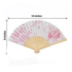 5-Pack Paper Folding Fans Party Favors in White & Pink French Toile Pattern, Handheld Fans with Bamboo Frame