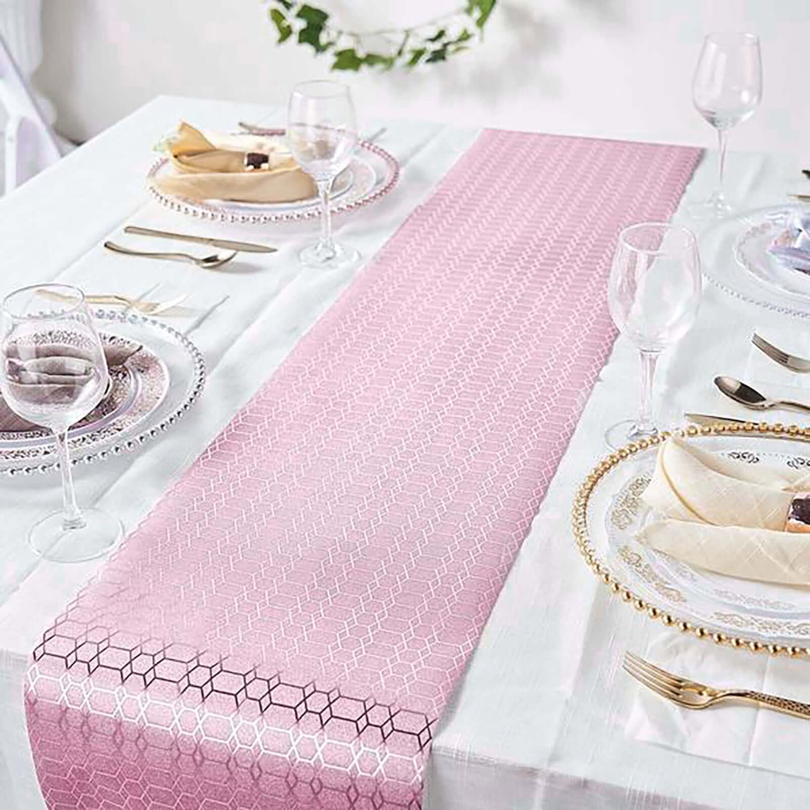 Glitter Paper 9ft Table Runner Roll Rose Gold Disposable Geometric Honeycomb Pattern - Stylish Table Decor