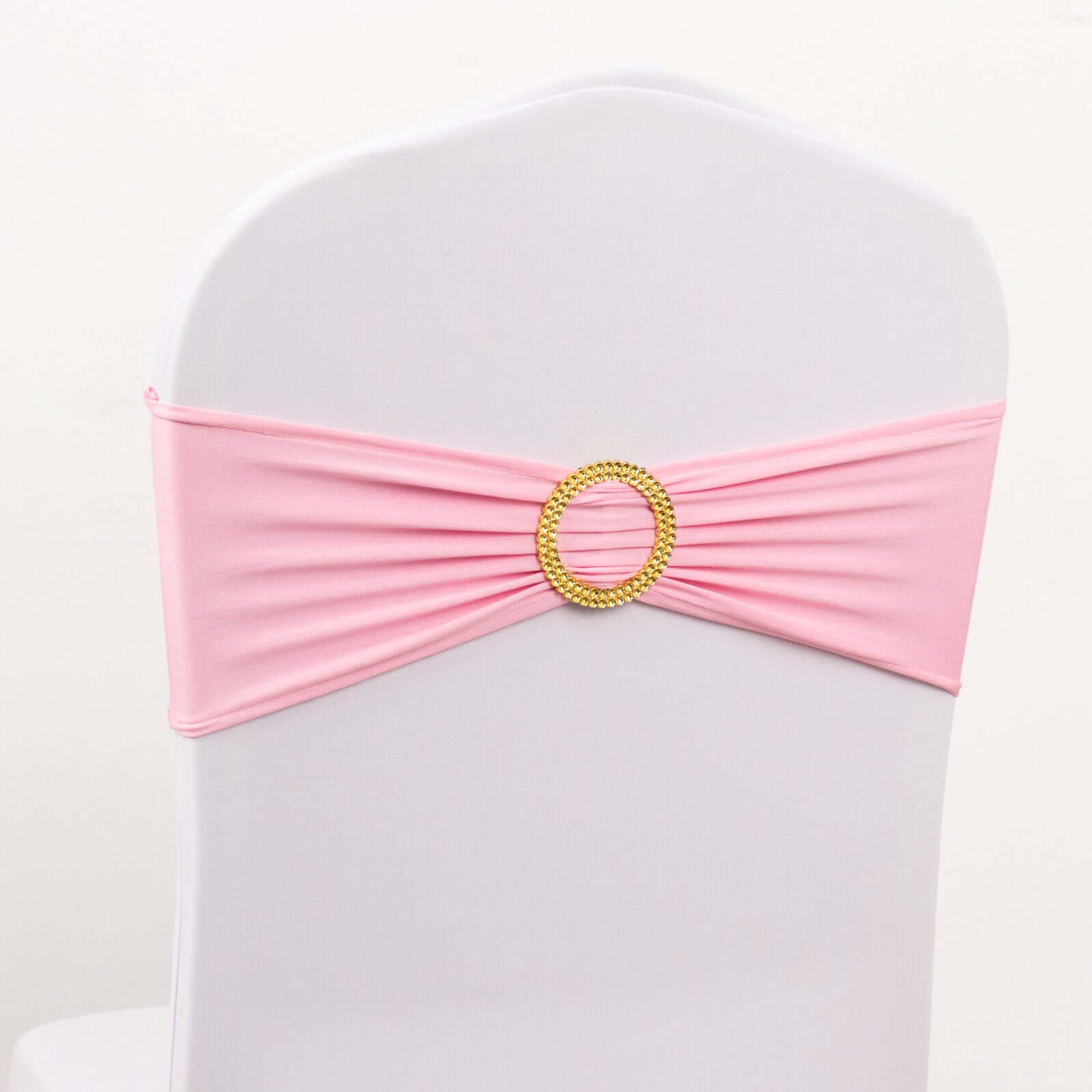 5 Pack Spandex Chair Sashes Pink with Gold Rhinestone Buckles - Reusable Four-Way Stretch Sash Bands 5"x14"