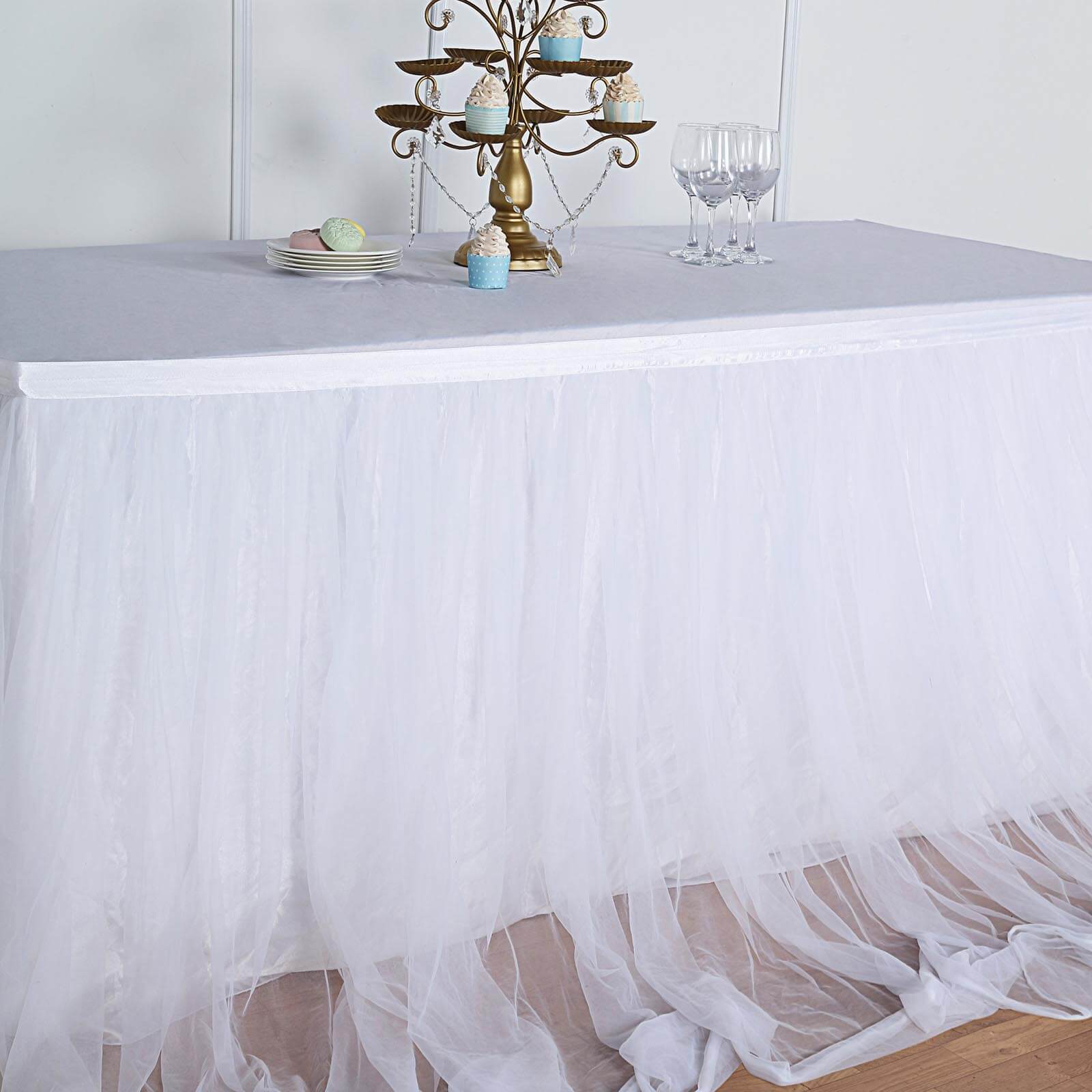 Extra Long Tulle 17ft Table Skirt White with Satin Edge - Table Cover for Baby Showers & Events