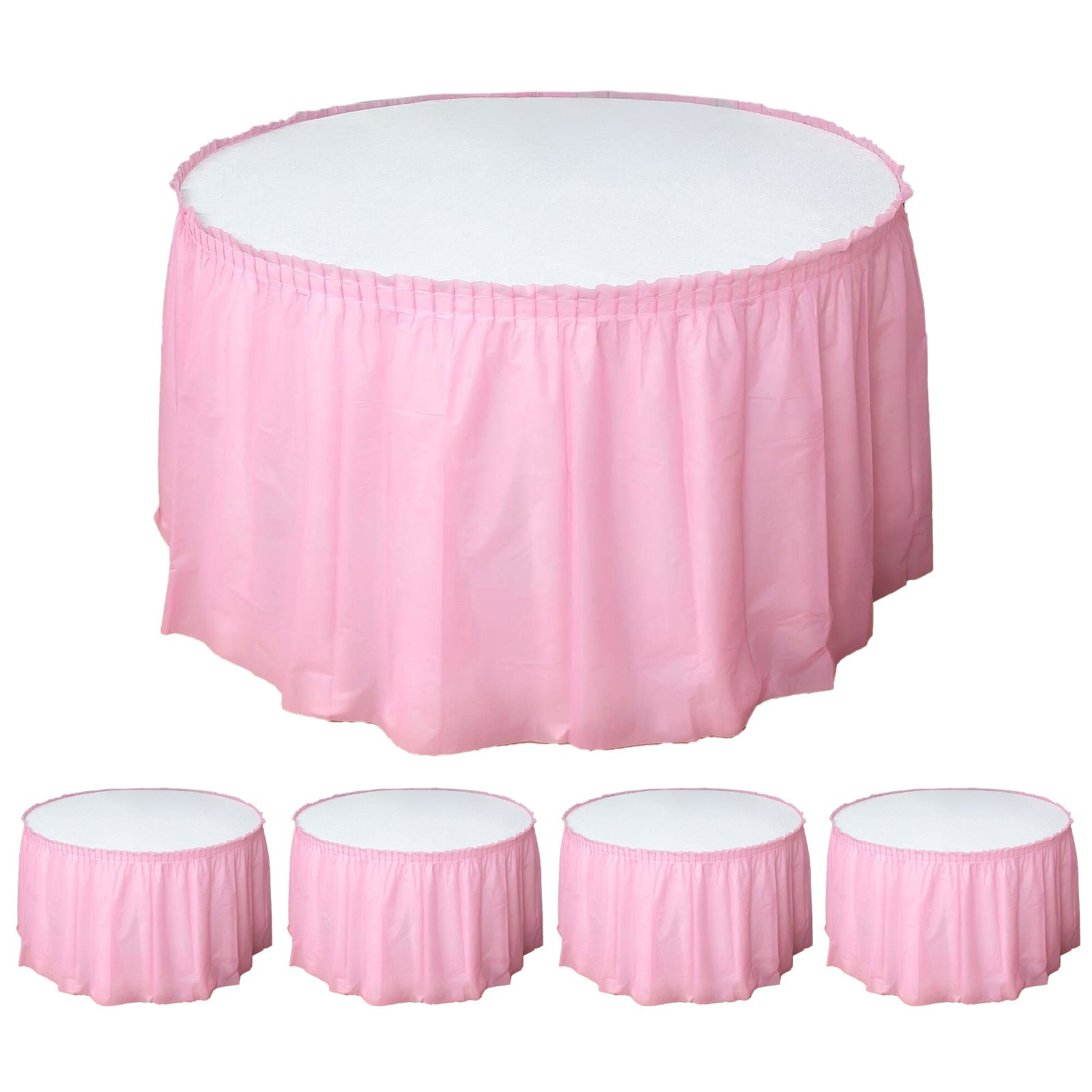 5 Pack Plastic Table Skirts Pink Ruffled - Durable Disposable Skirts for Events 14ft