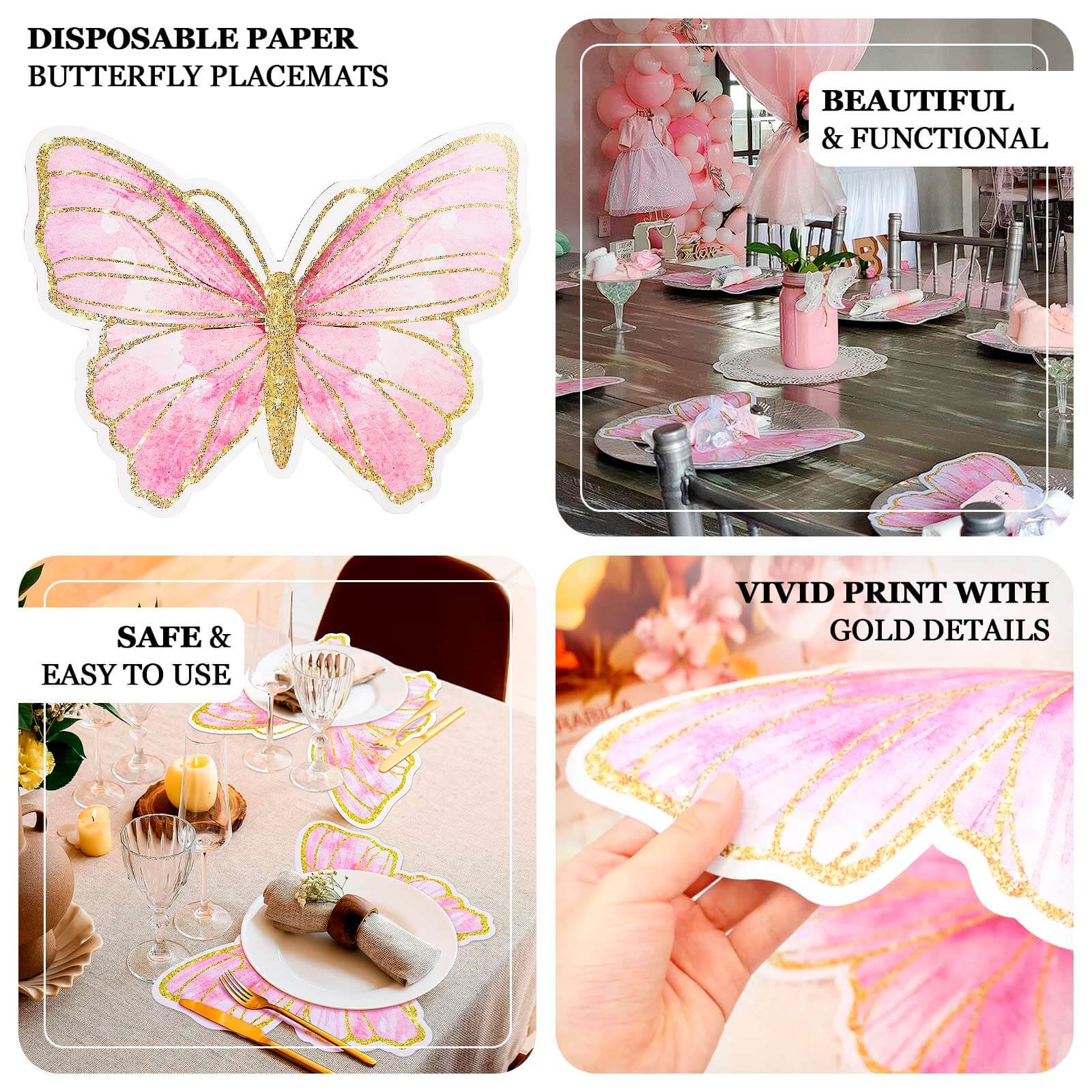 10-Pack Disposable Table Placemats with White Butterfly Design & Gold Glitters - 400GSM Cardboard Placemats for Kids' Parties, Baby Showers & Celebrations 14"