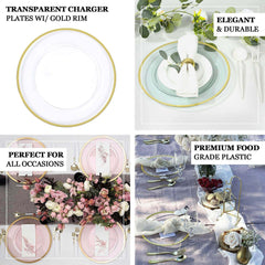 10-Pack Economy Plastic Round Charger Plates 12" in White with Wide Gold Rim, Decorative Dinner Party Serving Plates