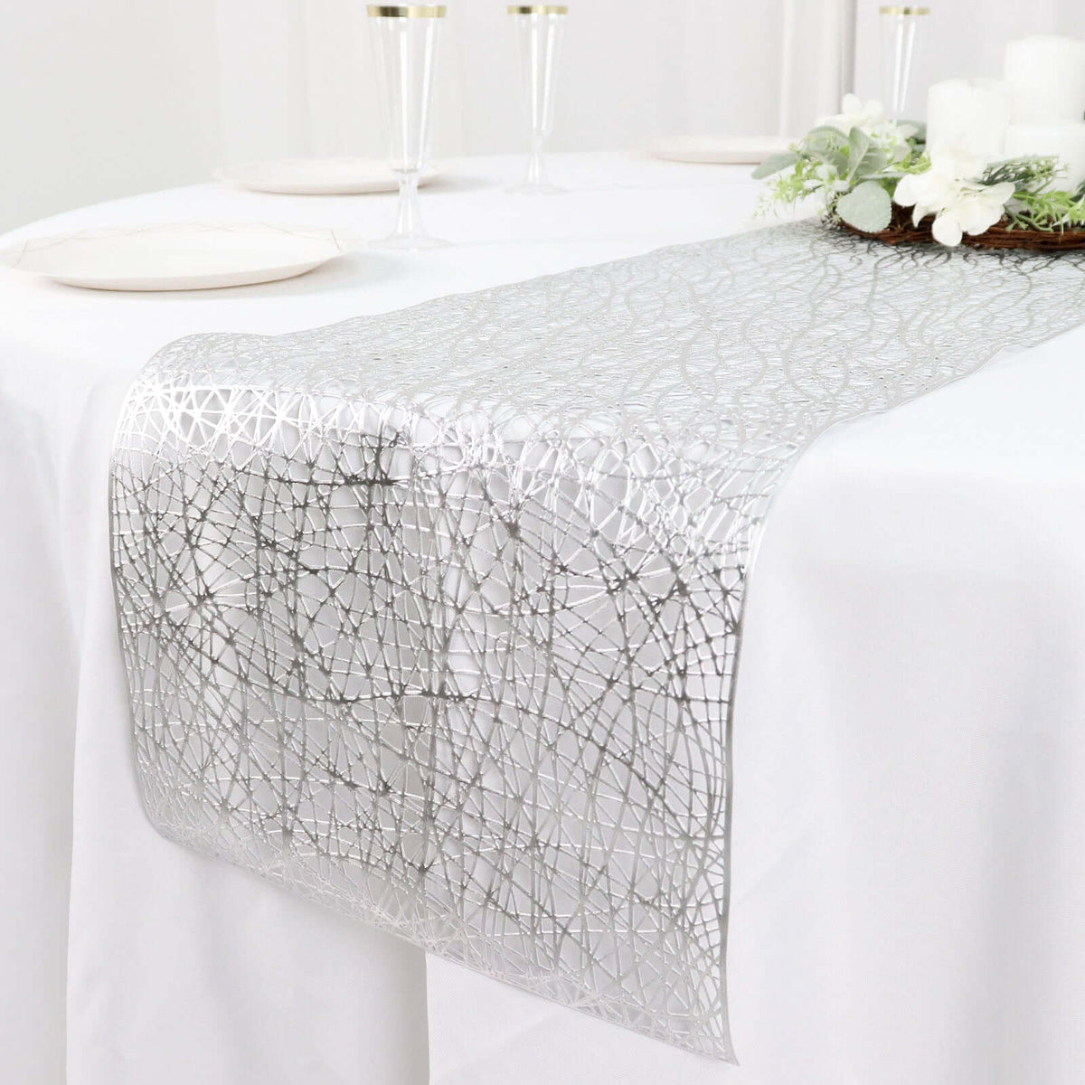 Plastic Woven Vinyl 13"x6ft Table Runner Metallic Silver - Non-Slip & Reversible Tabletop Decor