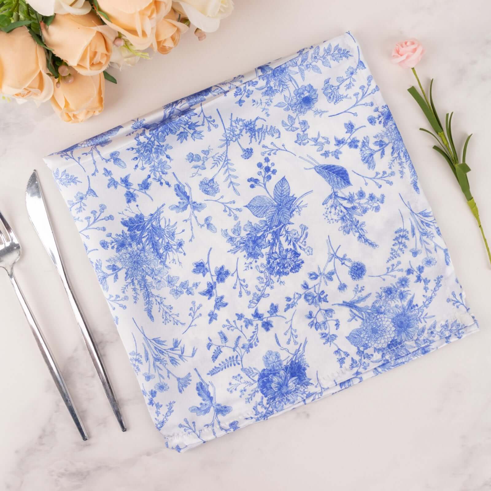 5 Pack Satin 20"x20" Napkins White/Blue French Toile Pattern - Classy & Easy to Maintain Cloth Napkins for Weddings & Events