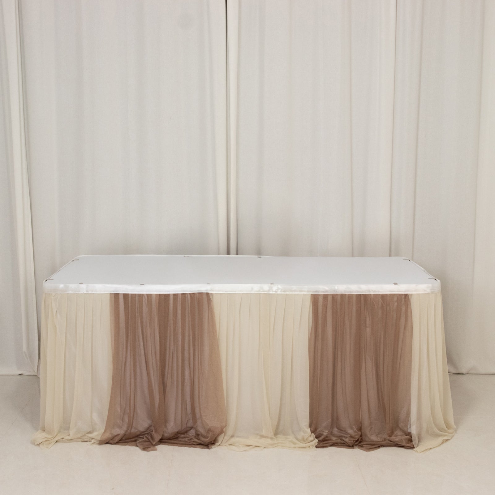 14ft Sheer Pleated Ruffle Skirting Chiffon Table Skirt - Taupe and Beige, Shimmer Sheer, Wrinkle-Free Fabric