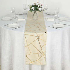 Polyester 9ft Table Runner Beige with Gold Foil Modern Geometric Accent